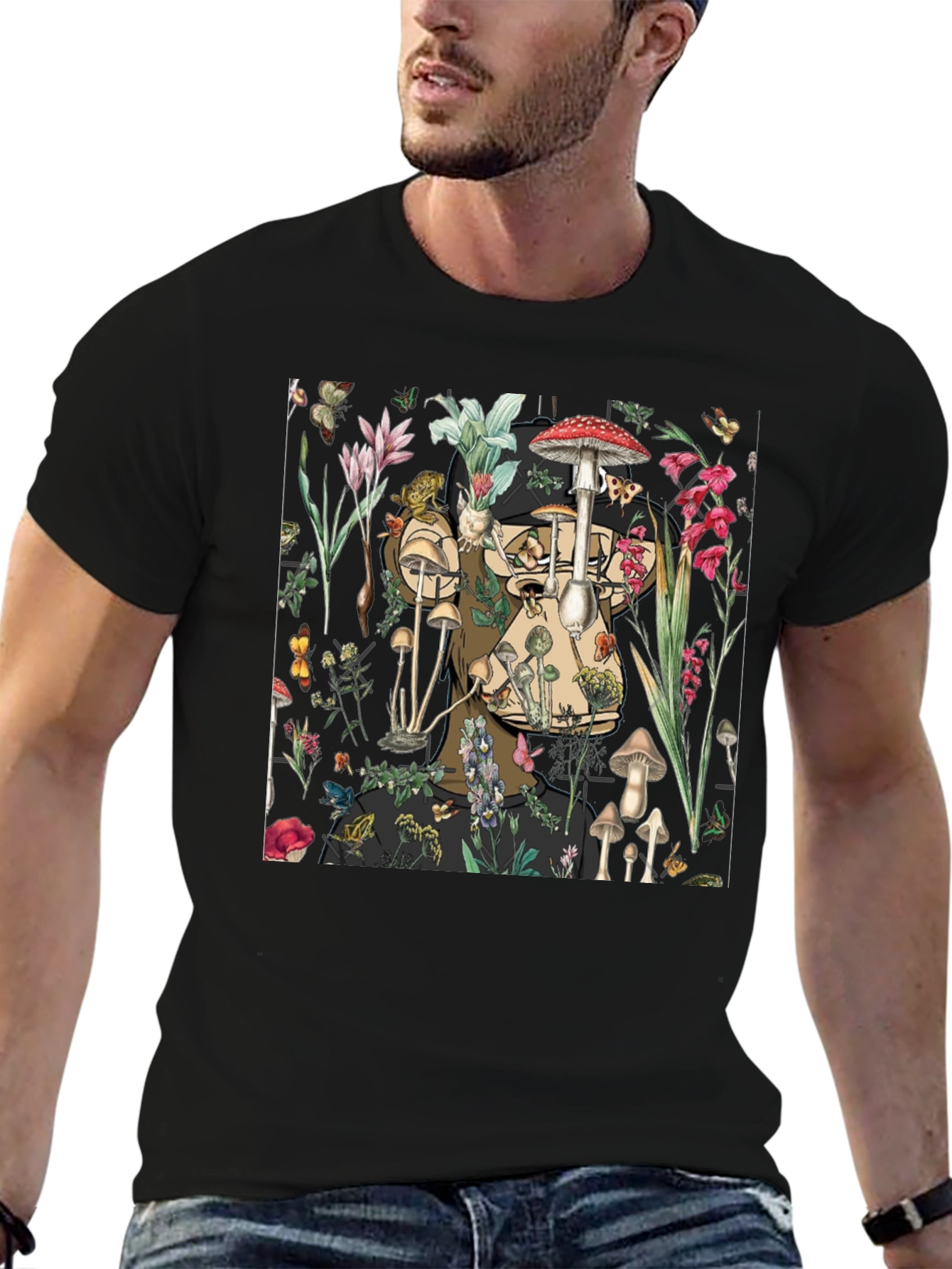 Mushroom & Floral Print Black T-Shirt