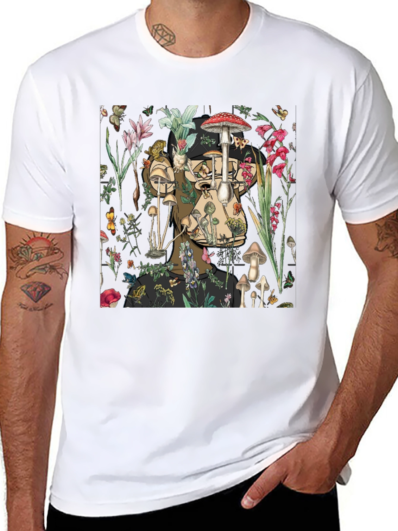 Mushroom & Floral Print Black T-Shirt