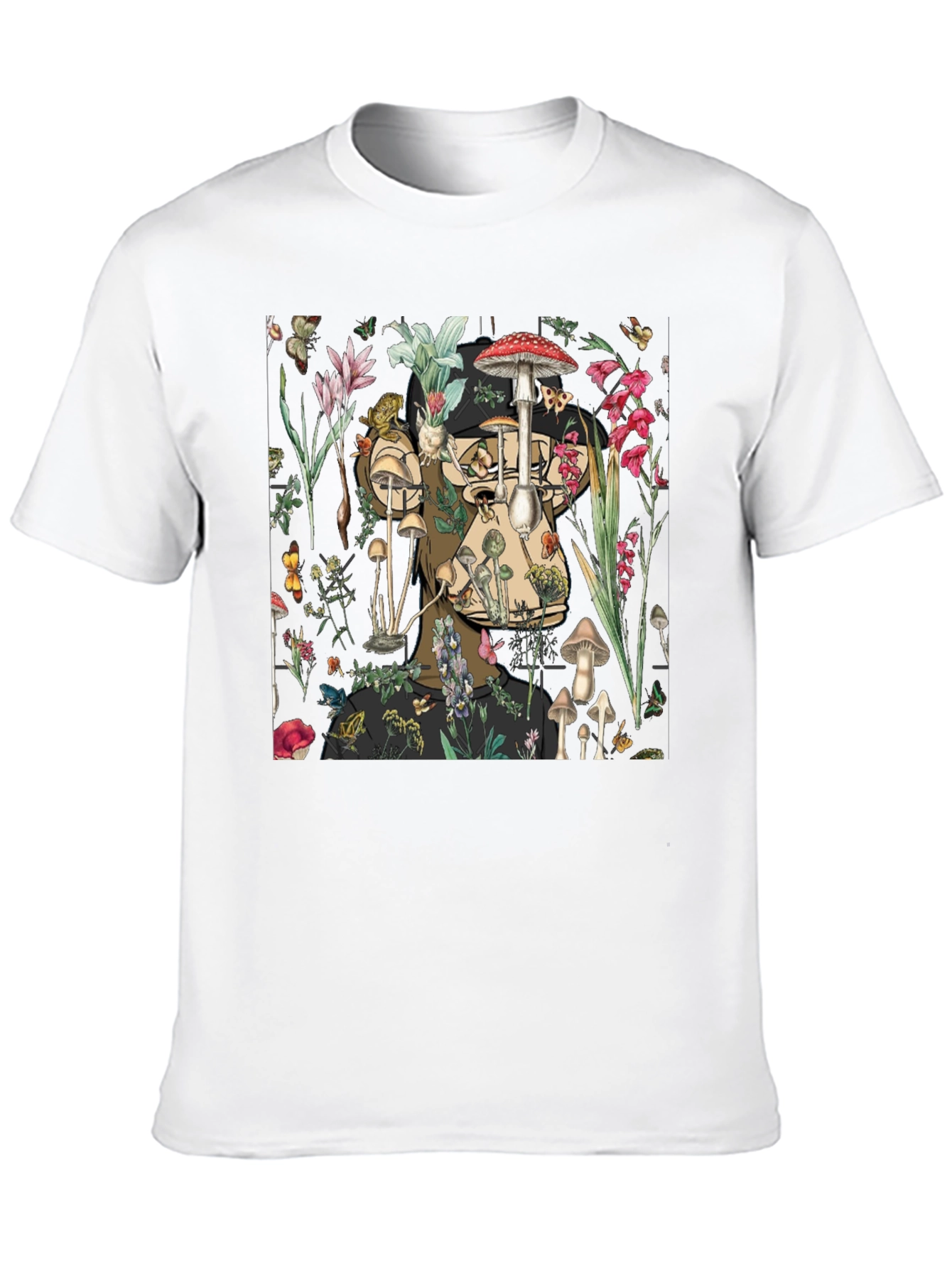 Mushroom & Floral Print Black T-Shirt