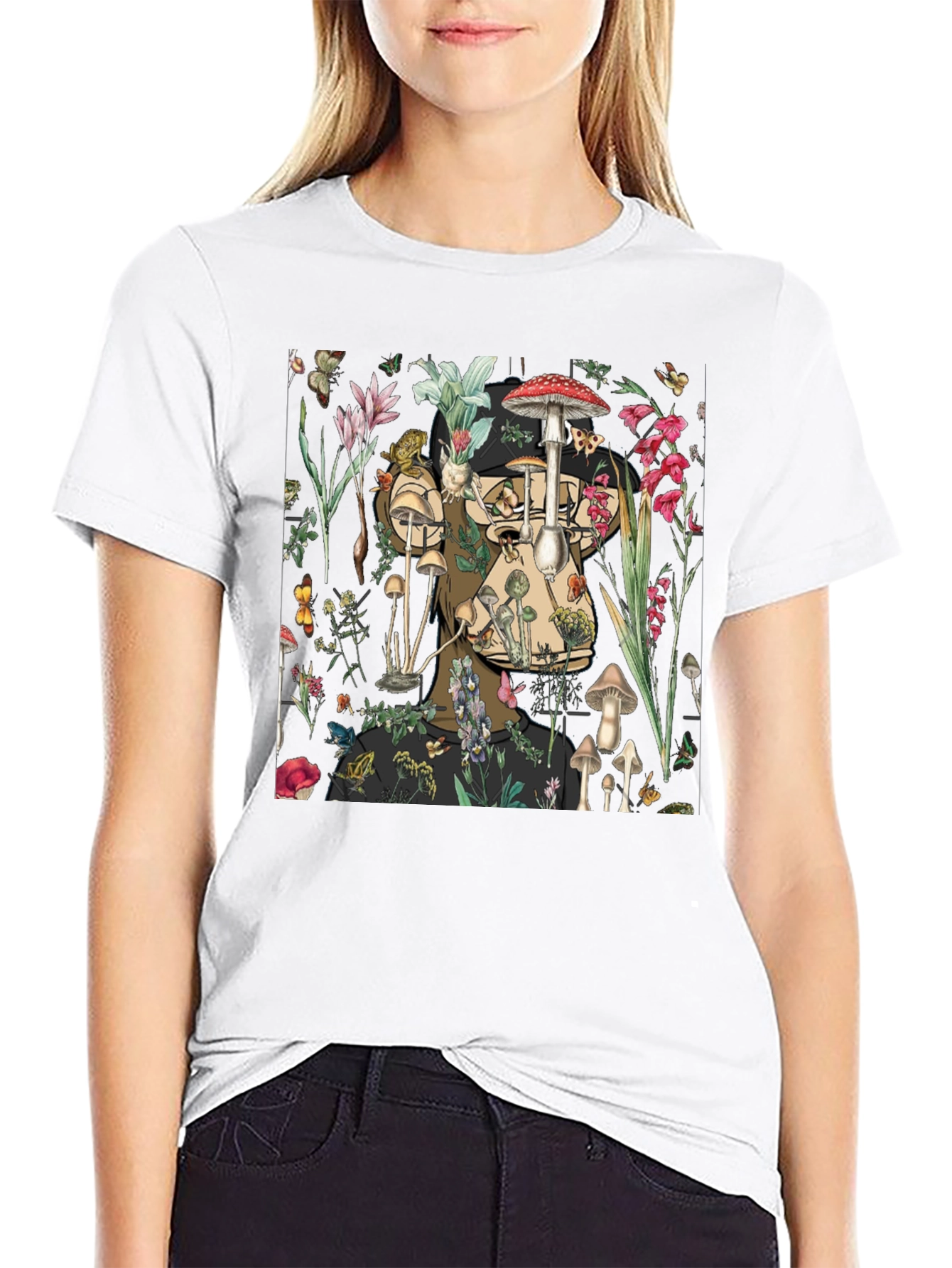 Mushroom & Floral Print Black T-Shirt