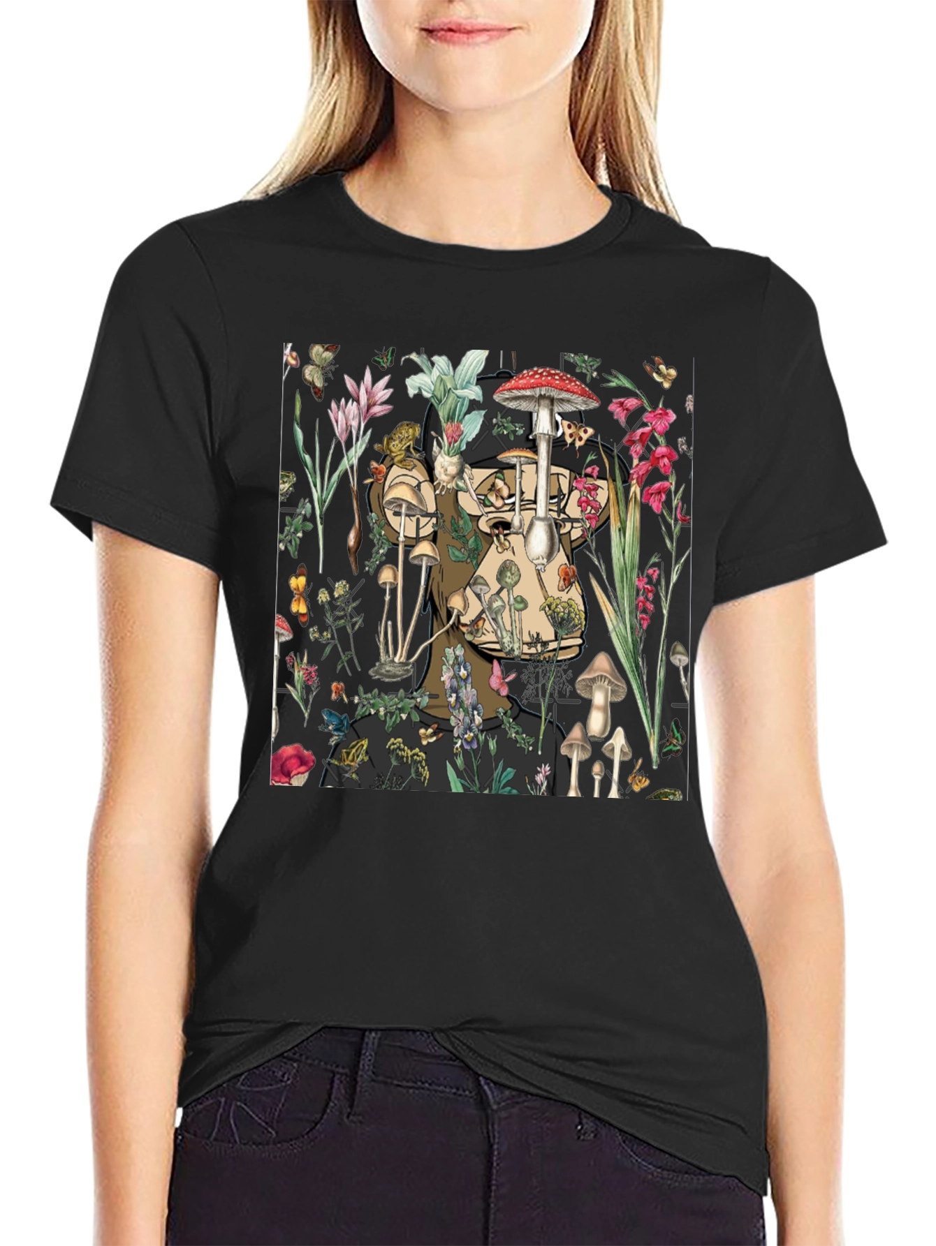 Mushroom & Floral Print Black T-Shirt