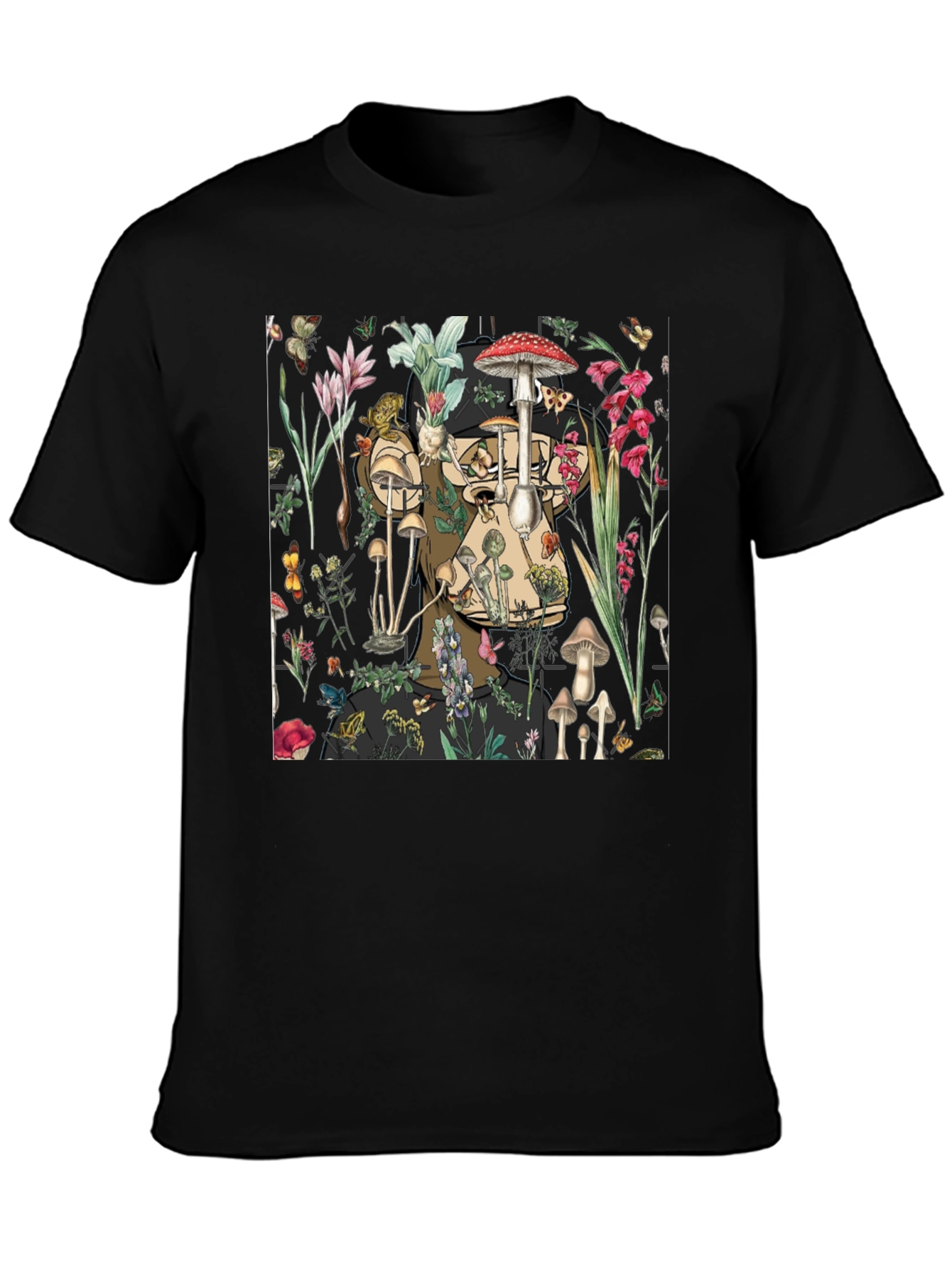 Mushroom & Floral Print Black T-Shirt