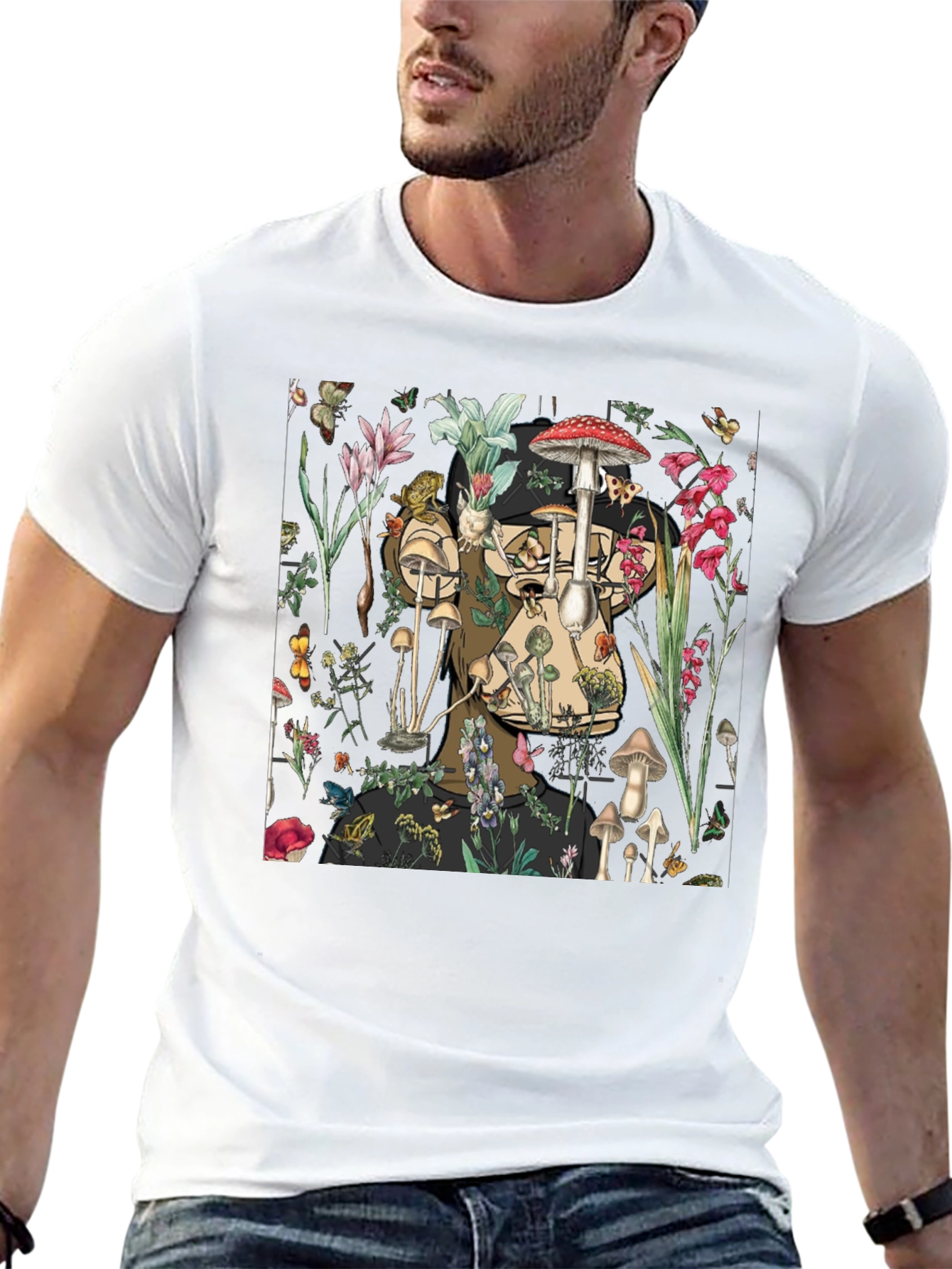 Mushroom & Floral Print Black T-Shirt