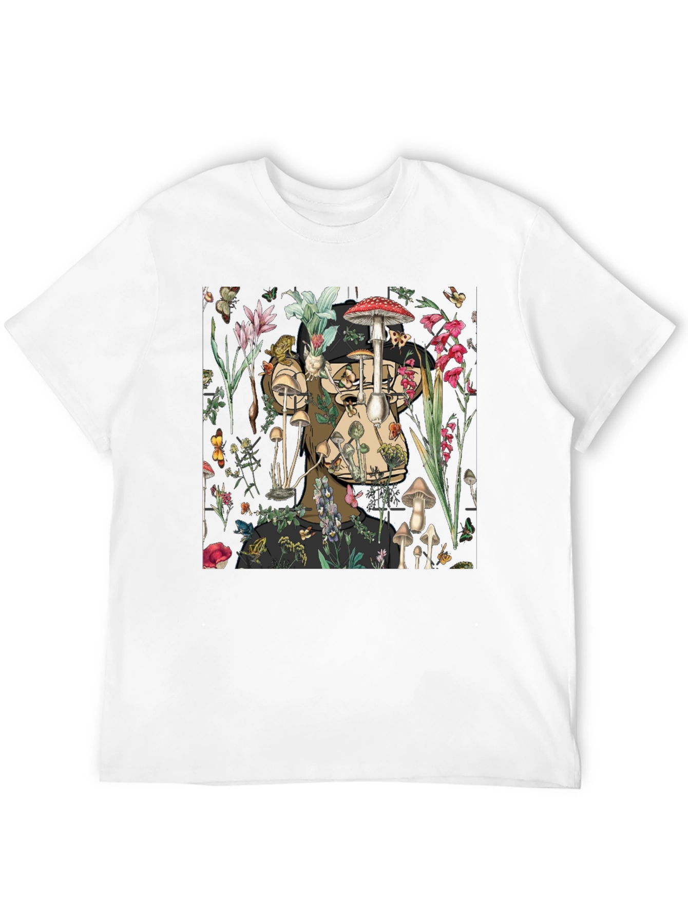 Mushroom & Floral Print Black T-Shirt