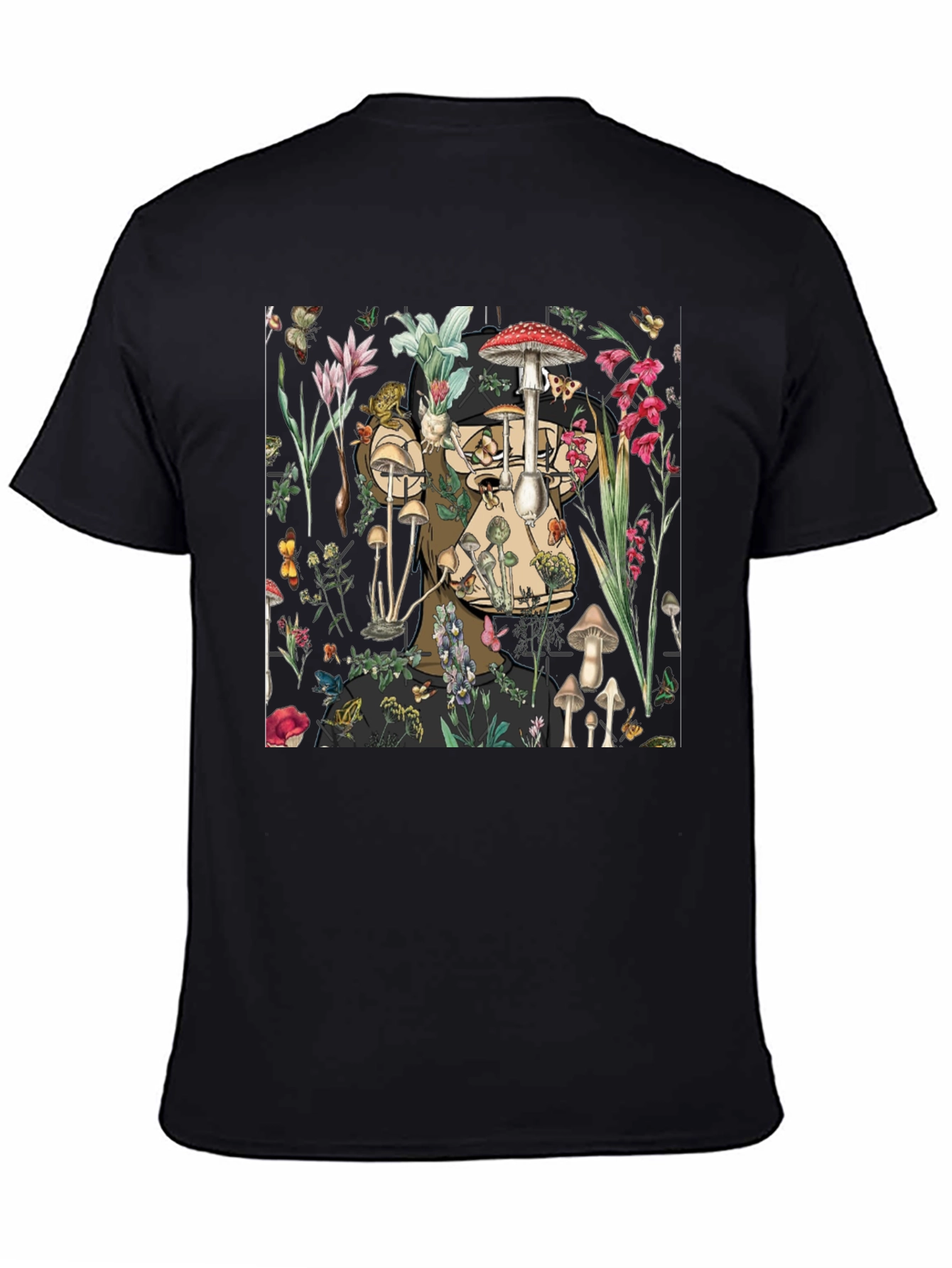 Mushroom & Floral Print Black T-Shirt