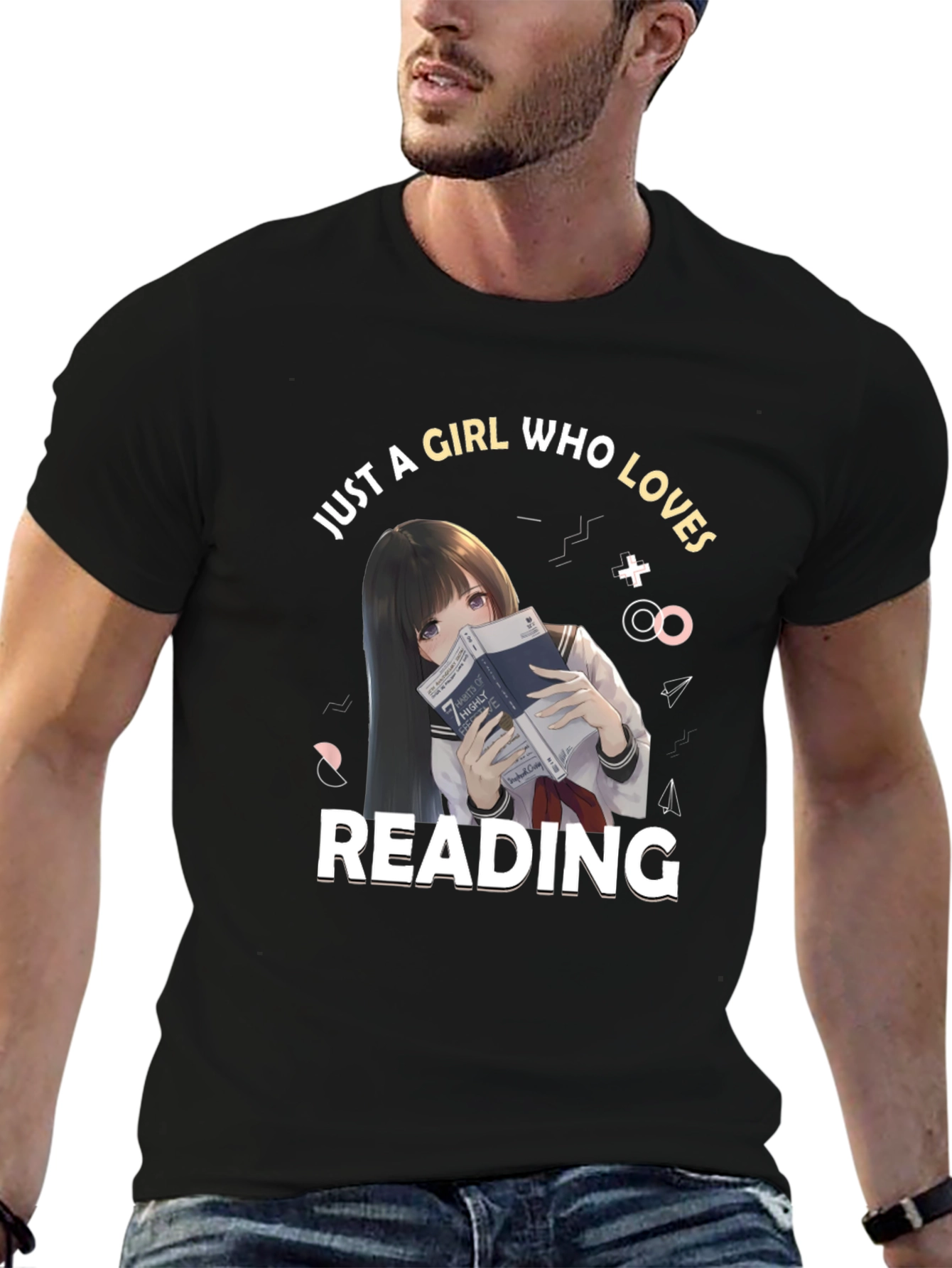 Anime Girl Reading Black T-Shirt