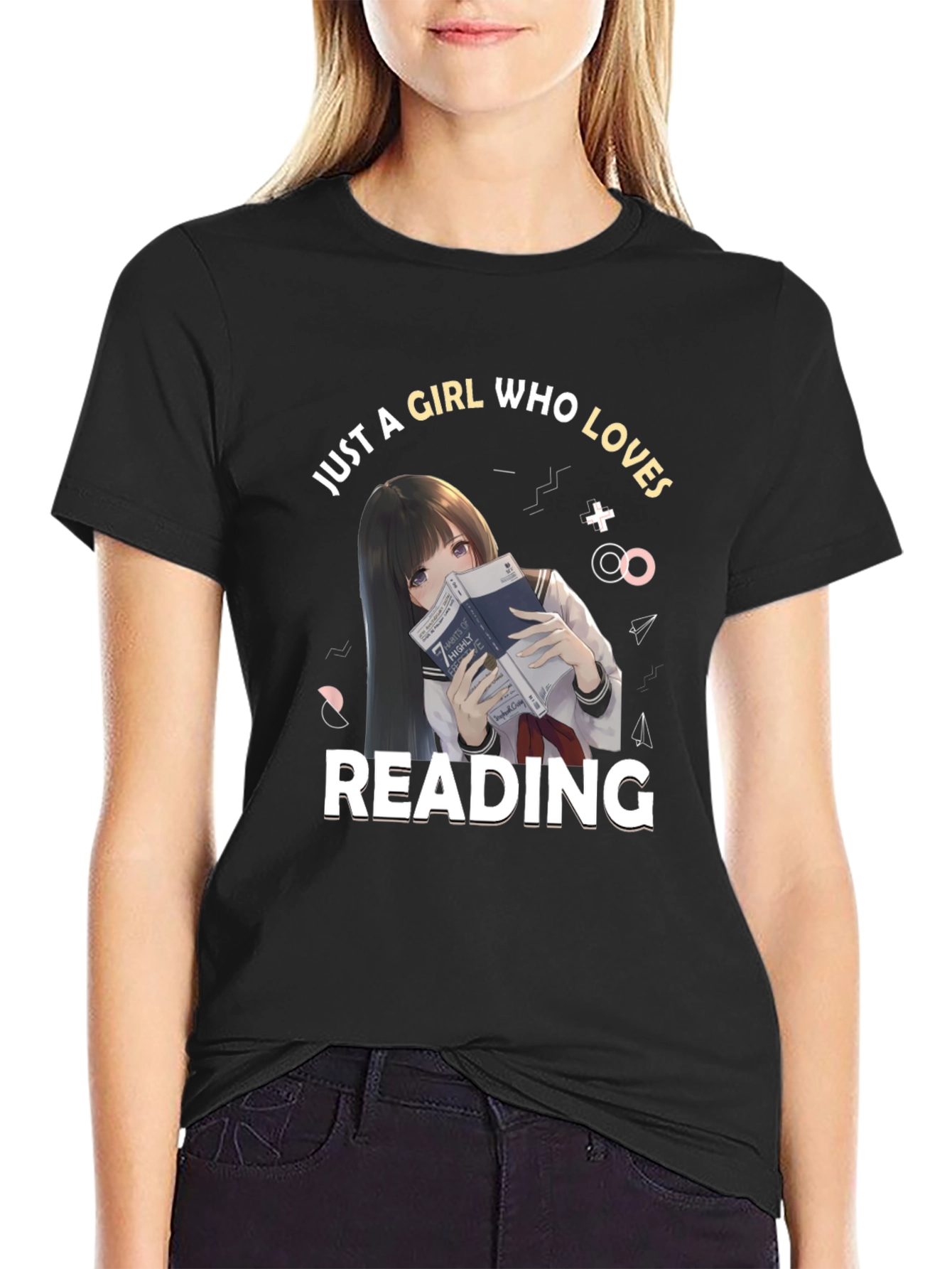 Anime Girl Reading Black T-Shirt