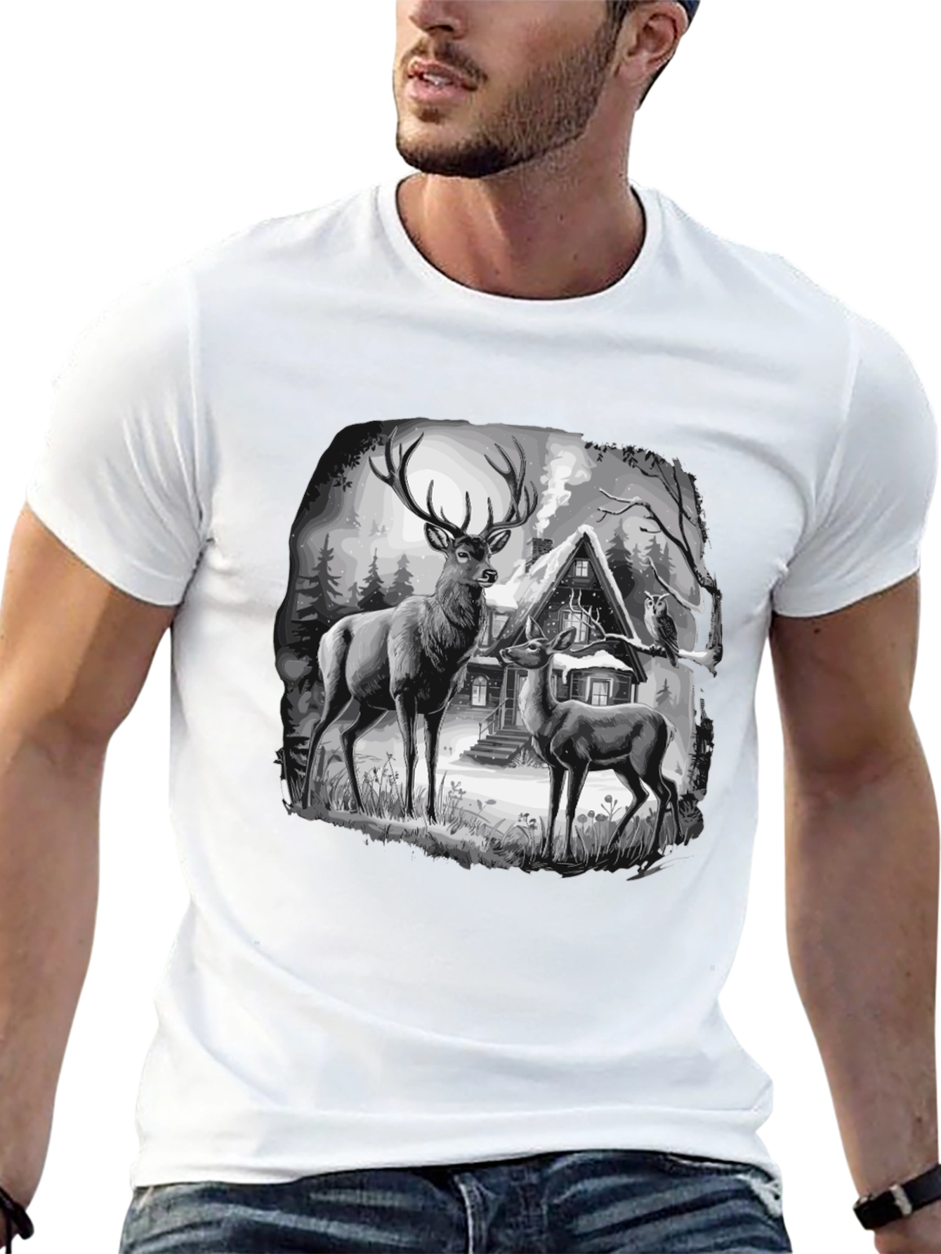 Deer in Winter Scene Graphic T-Shirt