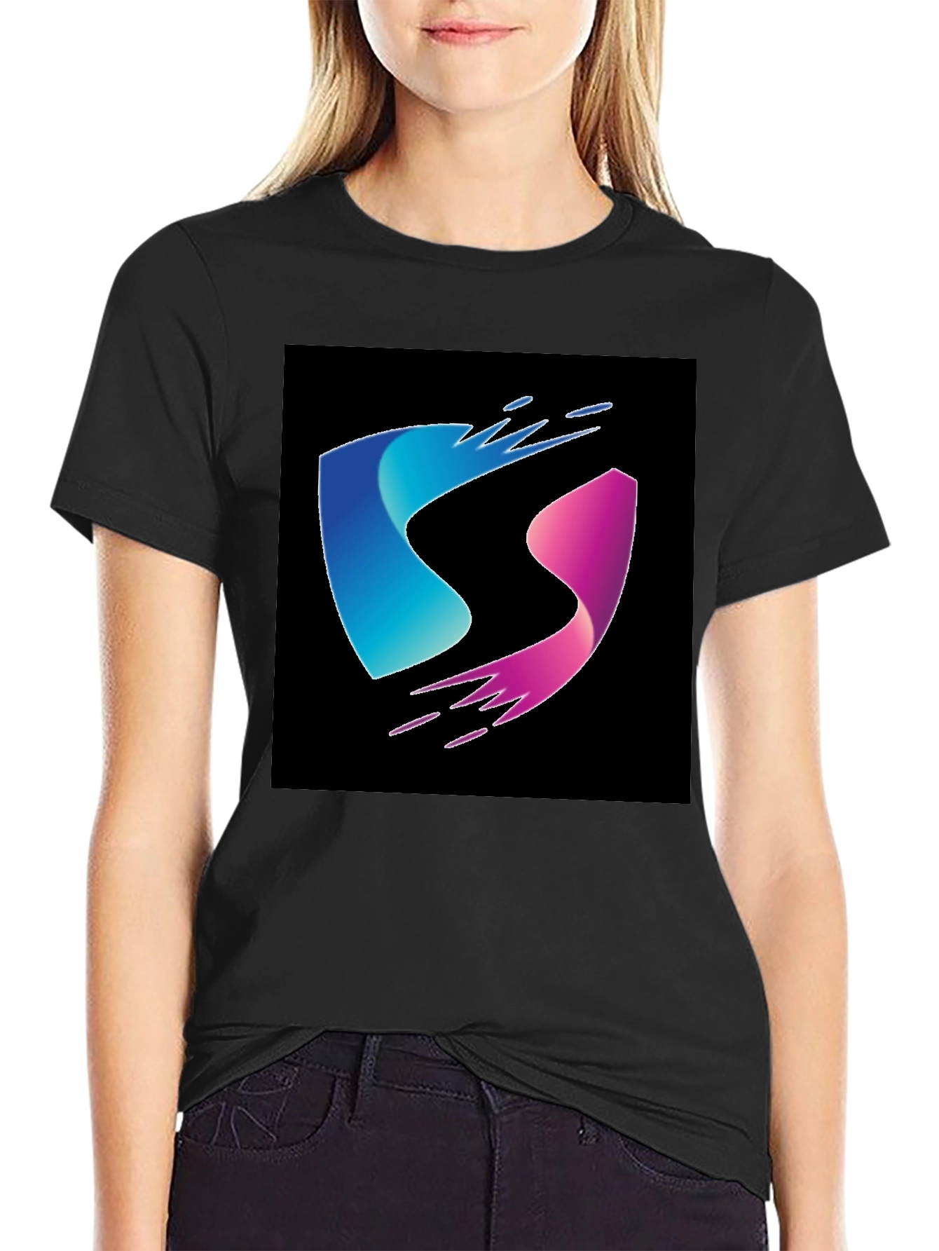 Modern Blue and Pink Wave Design Black T-Shirt