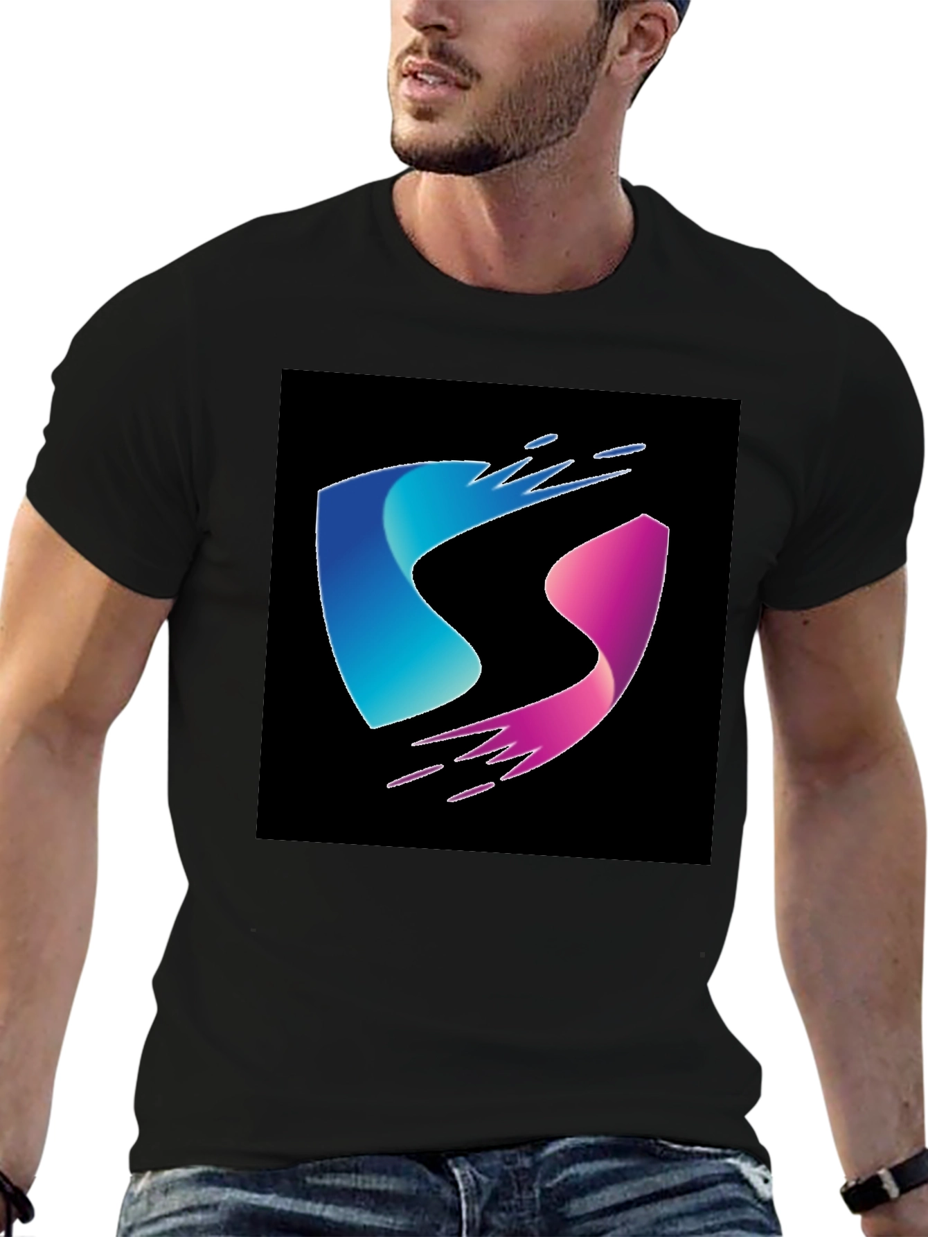 Modern Blue and Pink Wave Design Black T-Shirt