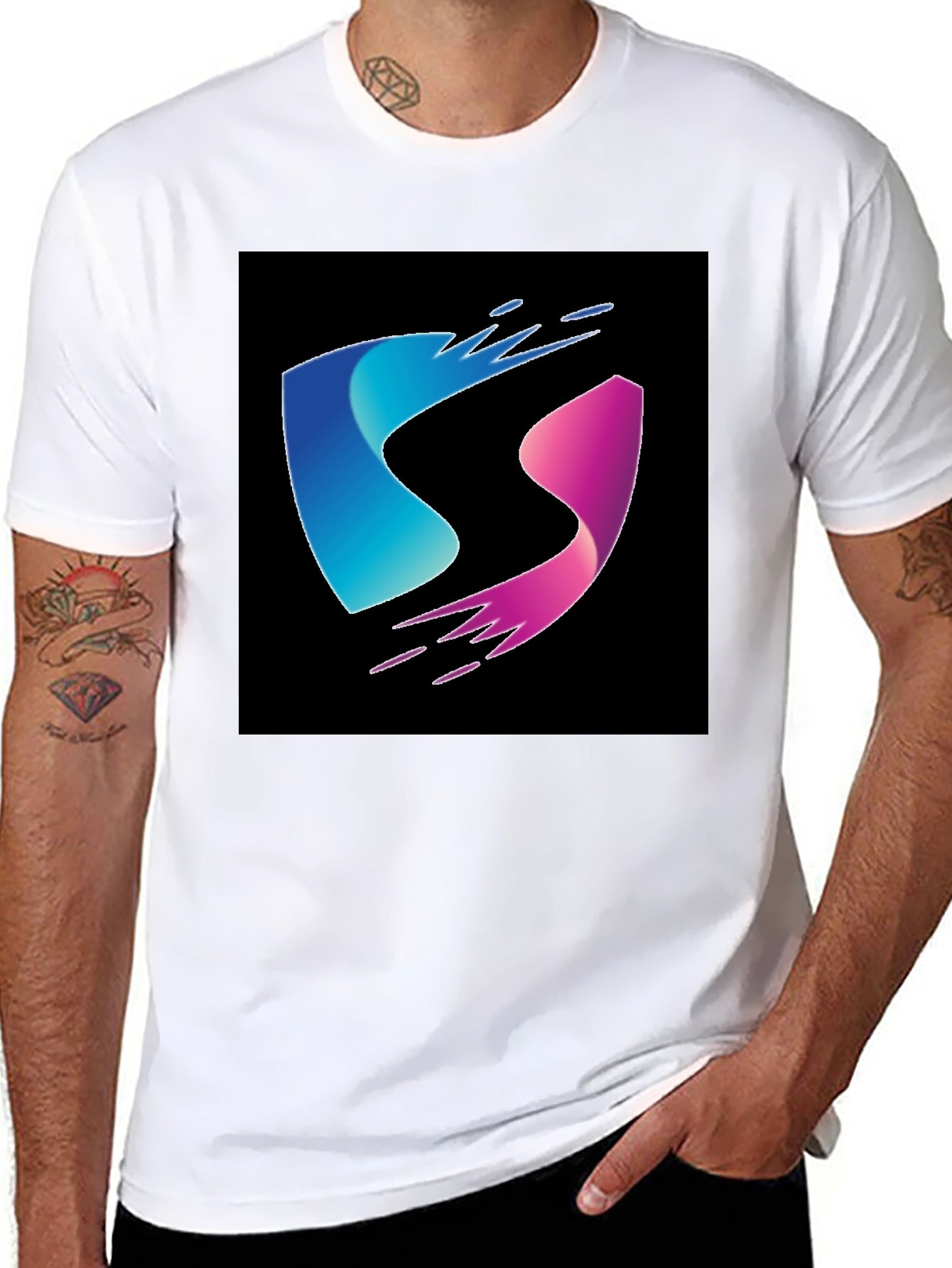 Modern Blue and Pink Wave Design Black T-Shirt