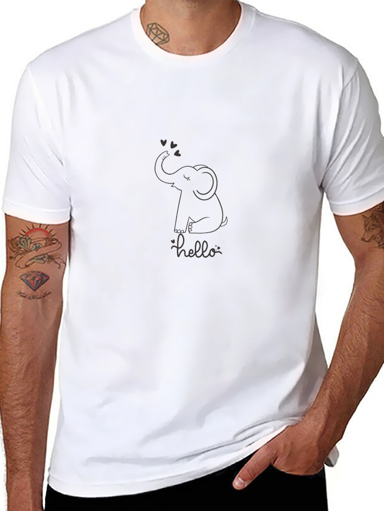 Cute Elephant Hello Graphic Black T-Shirt