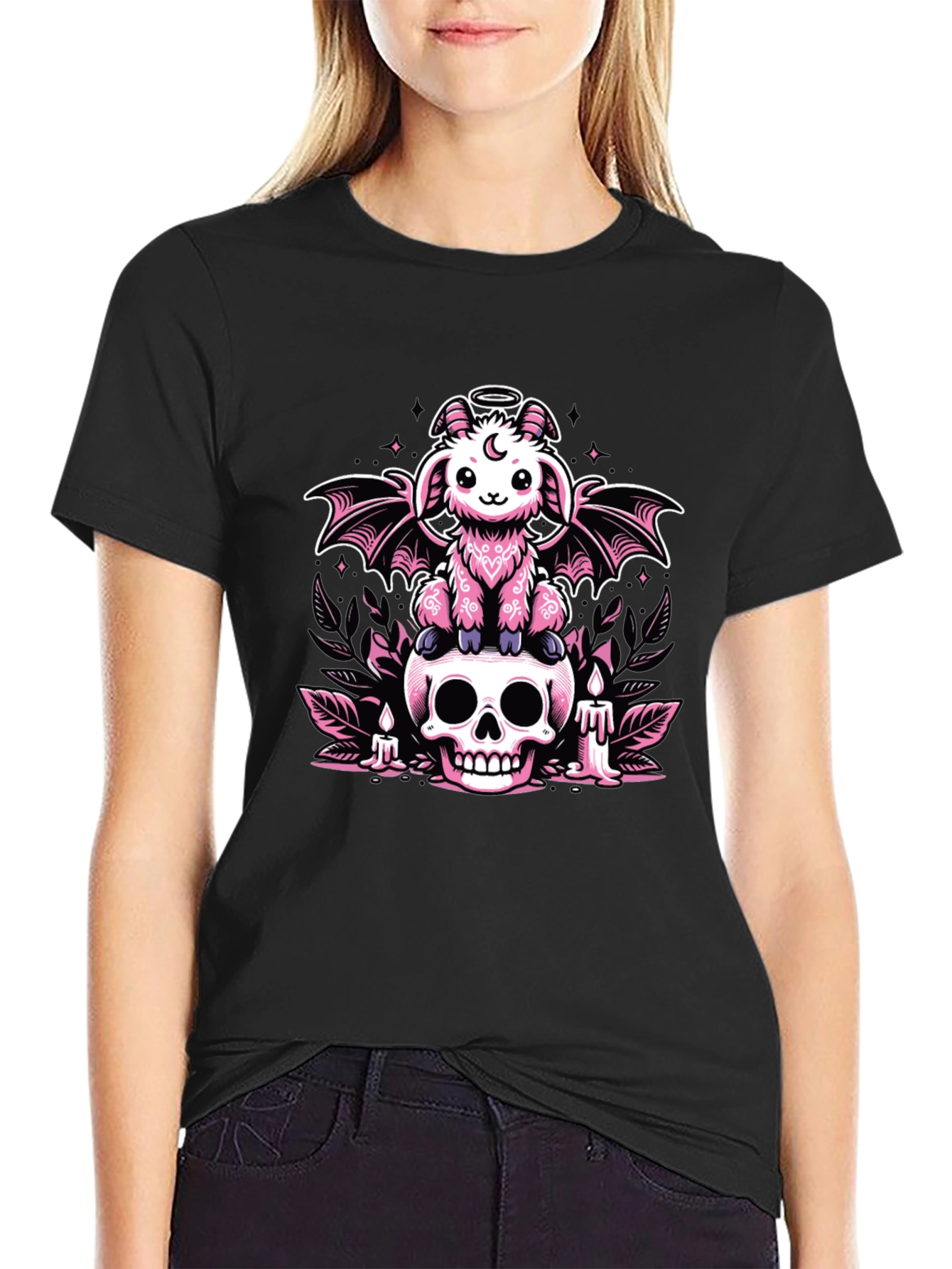 Gothic Pastel Bat Goat on Skull Graphic Tee