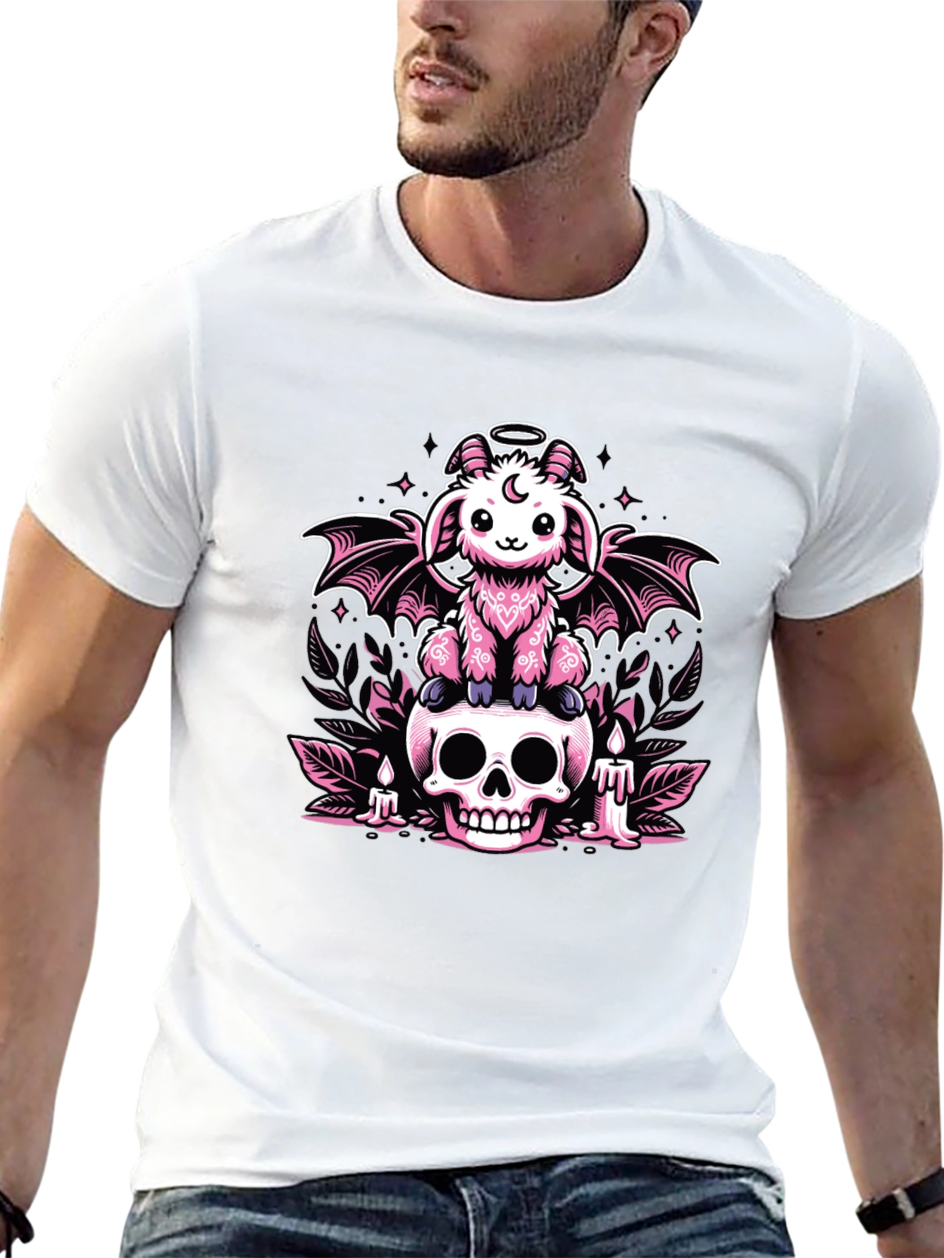 Gothic Pastel Bat Goat on Skull Graphic Tee