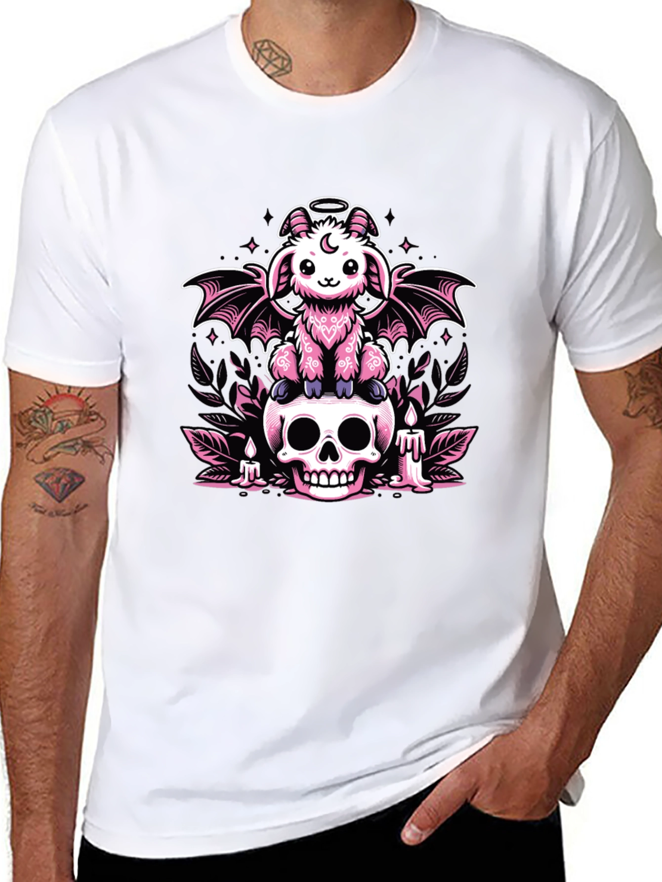 Gothic Pastel Bat Goat on Skull Graphic Tee
