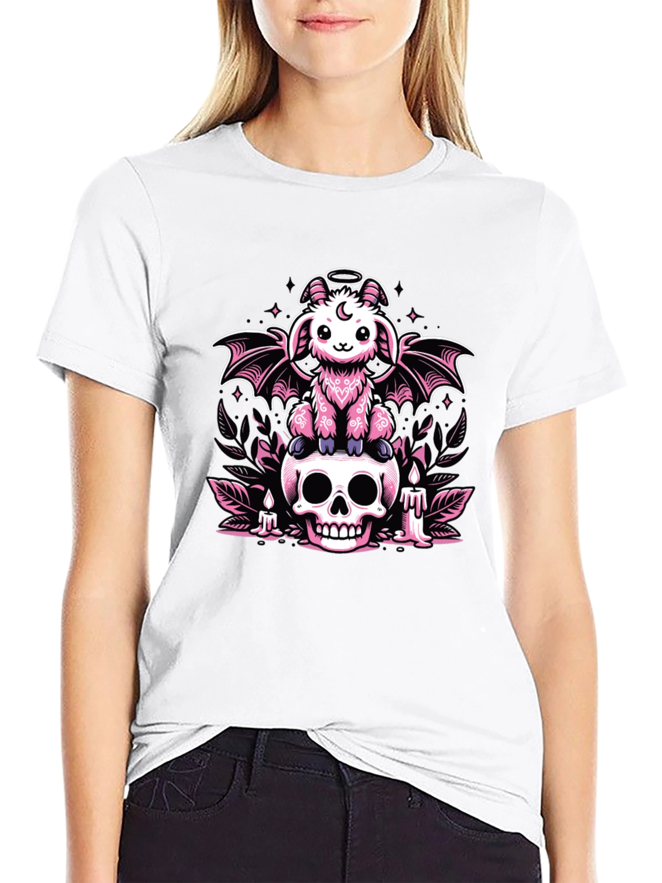 Gothic Pastel Bat Goat on Skull Graphic Tee