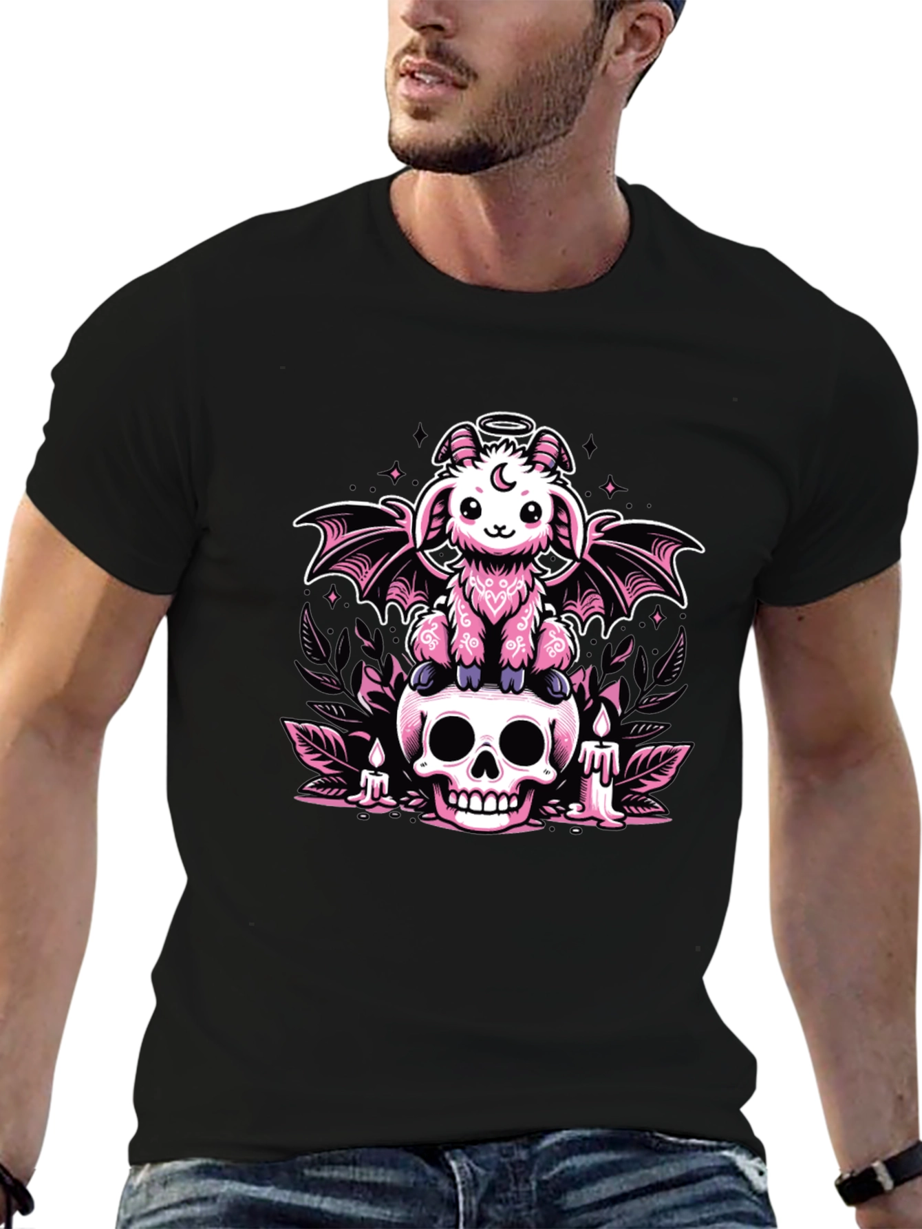 Gothic Pastel Bat Goat on Skull Graphic Tee