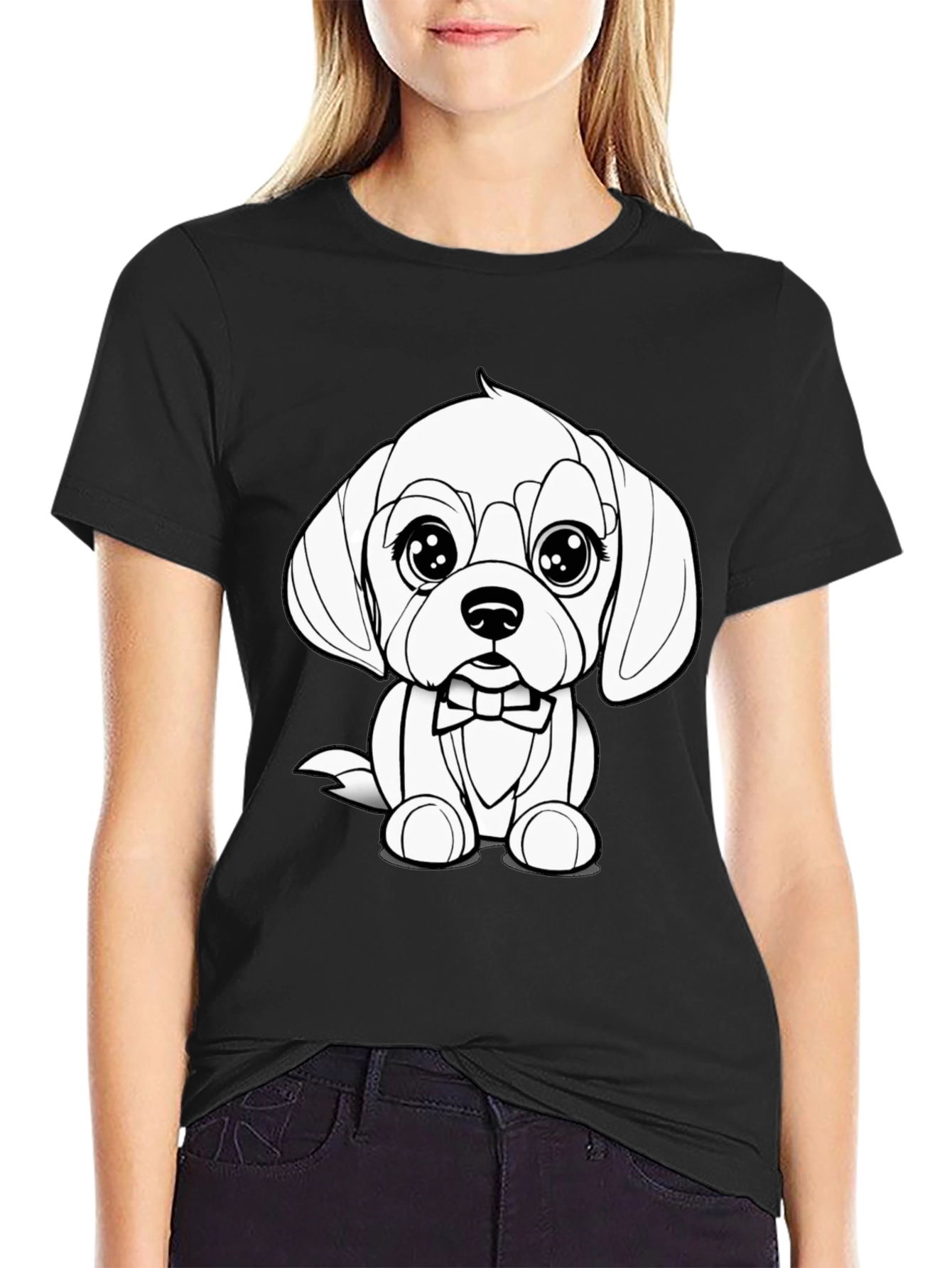 Cute Puppy Bowtie Black T-Shirt