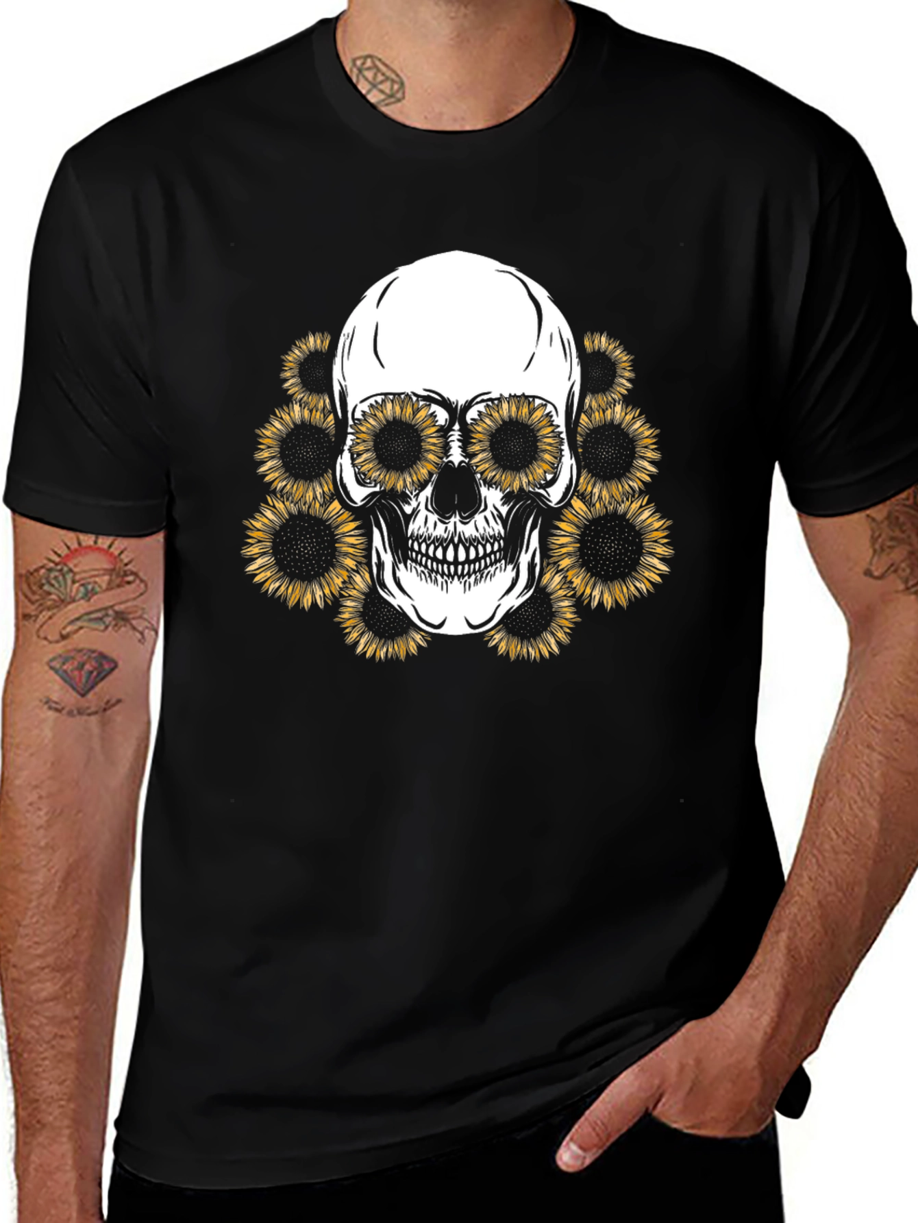 Sunflower Skull Graphic Tee - Mens Black T-Shirt