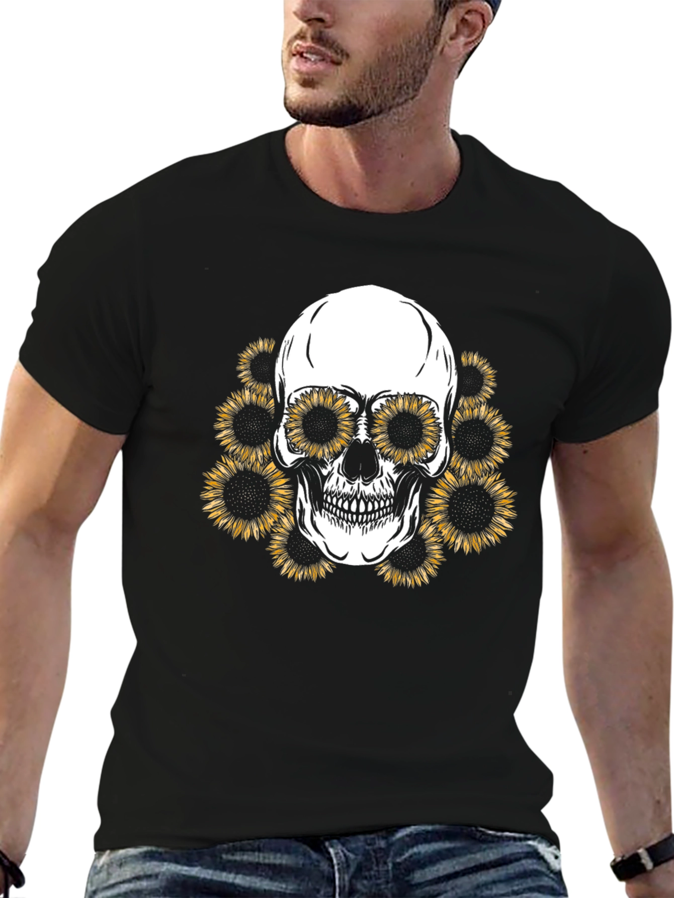 Sunflower Skull Graphic Tee - Mens Black T-Shirt