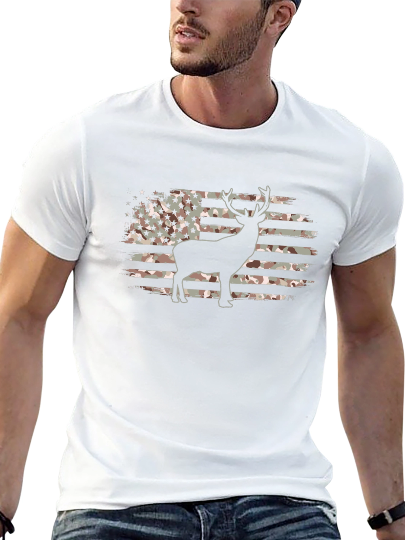Camouflage American Flag Deer Graphic T-Shirt