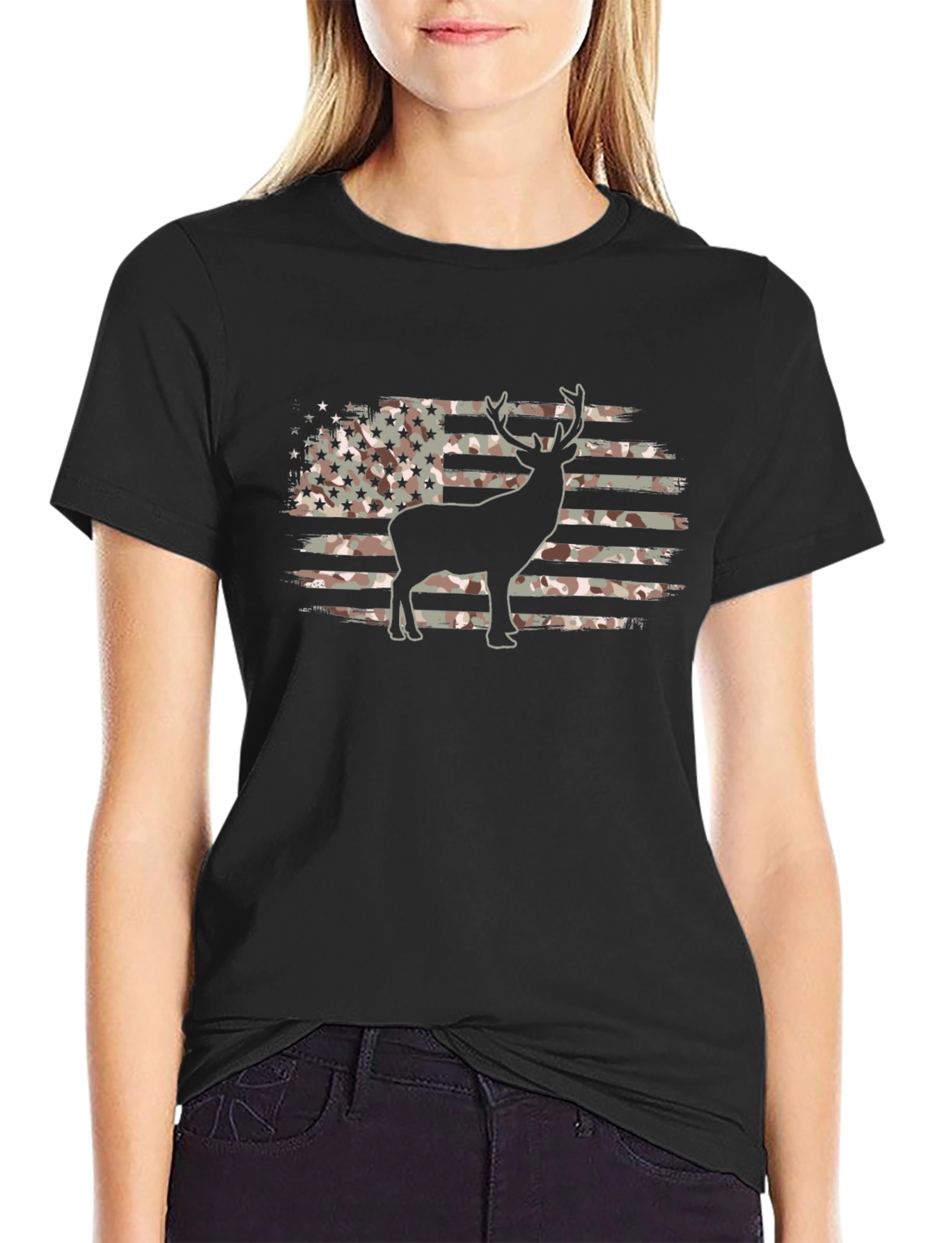Camouflage American Flag Deer Graphic T-Shirt