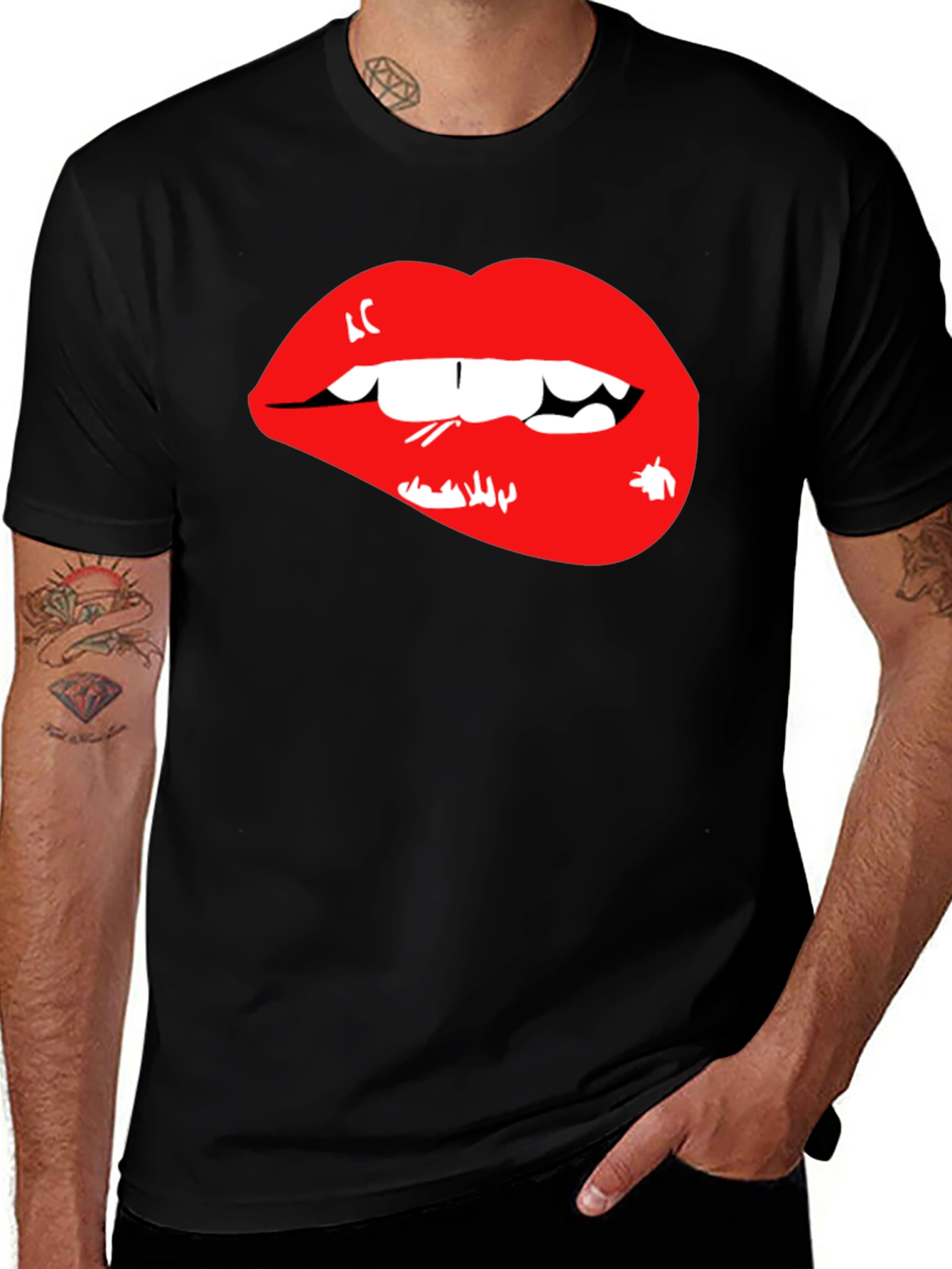 Red Lips Graphic Black T-Shirt