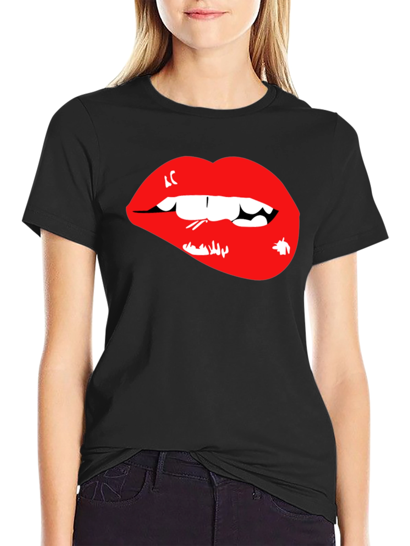 Red Lips Graphic Black T-Shirt