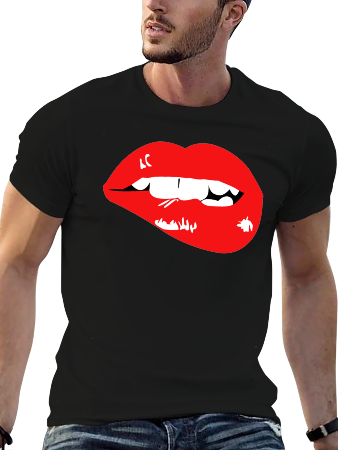 Red Lips Graphic Black T-Shirt
