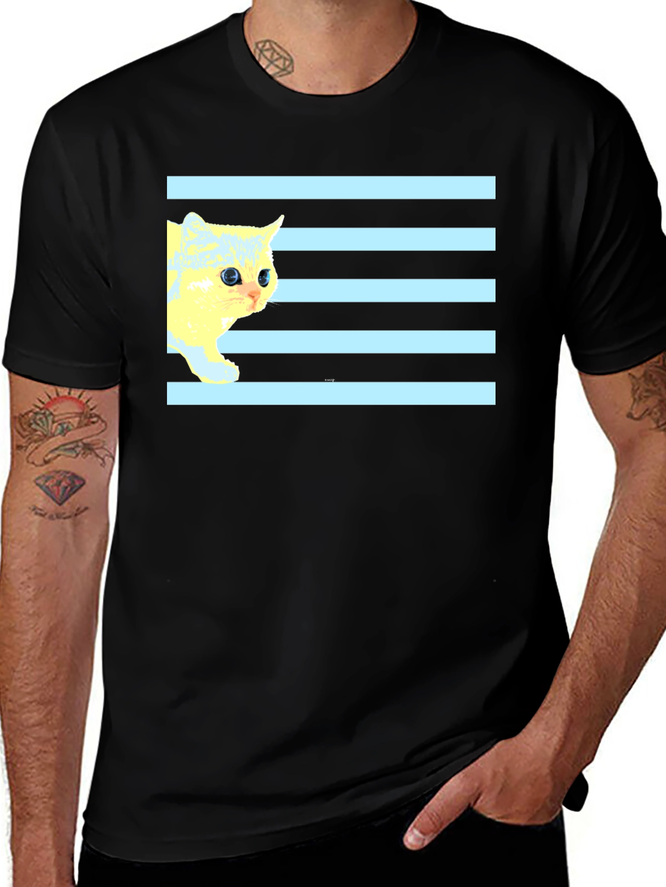Striped Cat Tee - Graphic Print Black T-Shirt