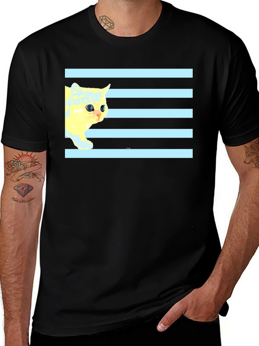 Striped Cat Tee - Graphic Print Black T-Shirt
