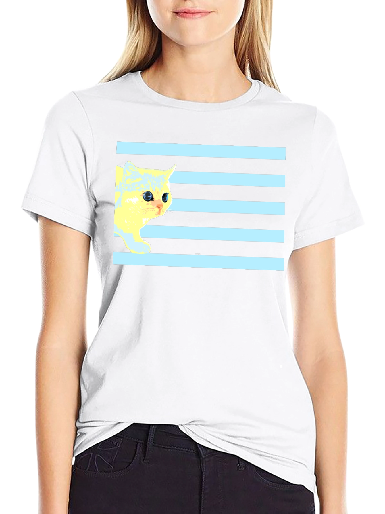 Striped Cat Tee - Graphic Print Black T-Shirt
