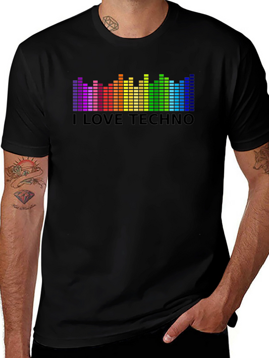 I Love Techno Black T-Shirt - Music Inspired Rainbow Design