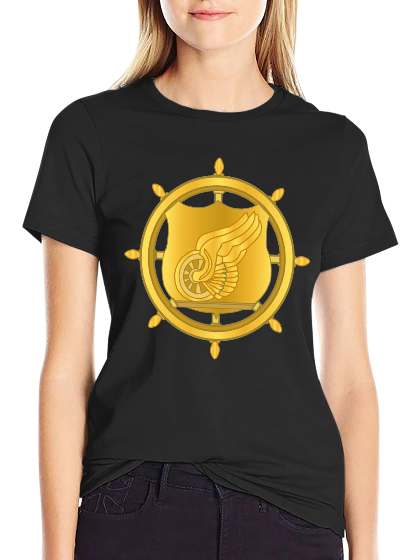 Golden Winged Wheel Graphic Black T-Shirt