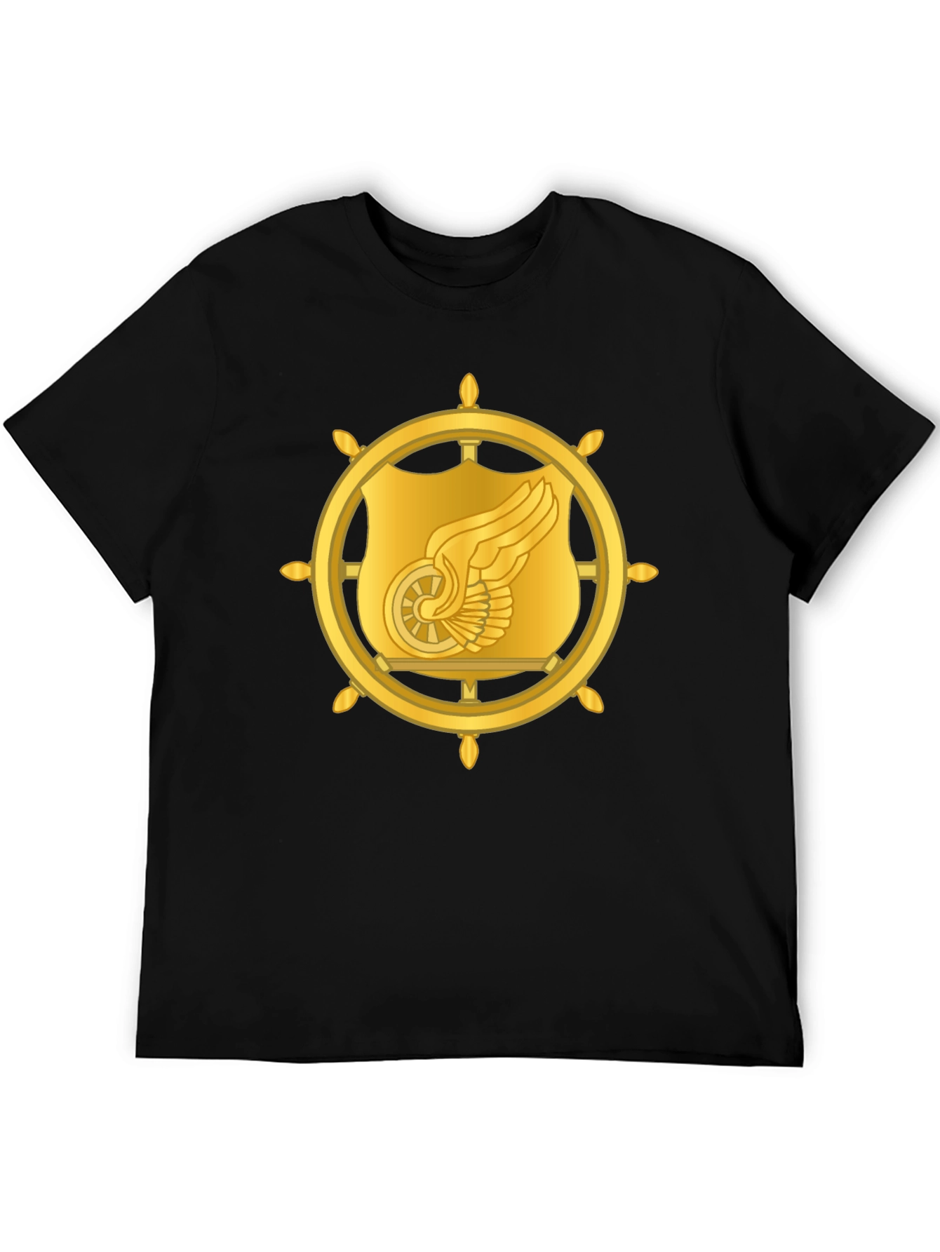 Golden Winged Wheel Graphic Black T-Shirt