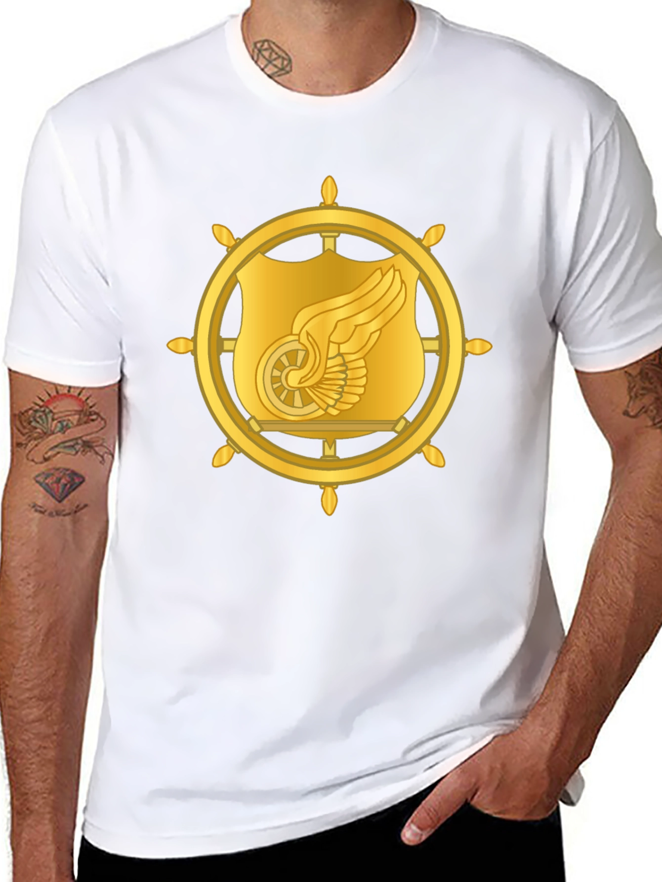Golden Winged Wheel Graphic Black T-Shirt