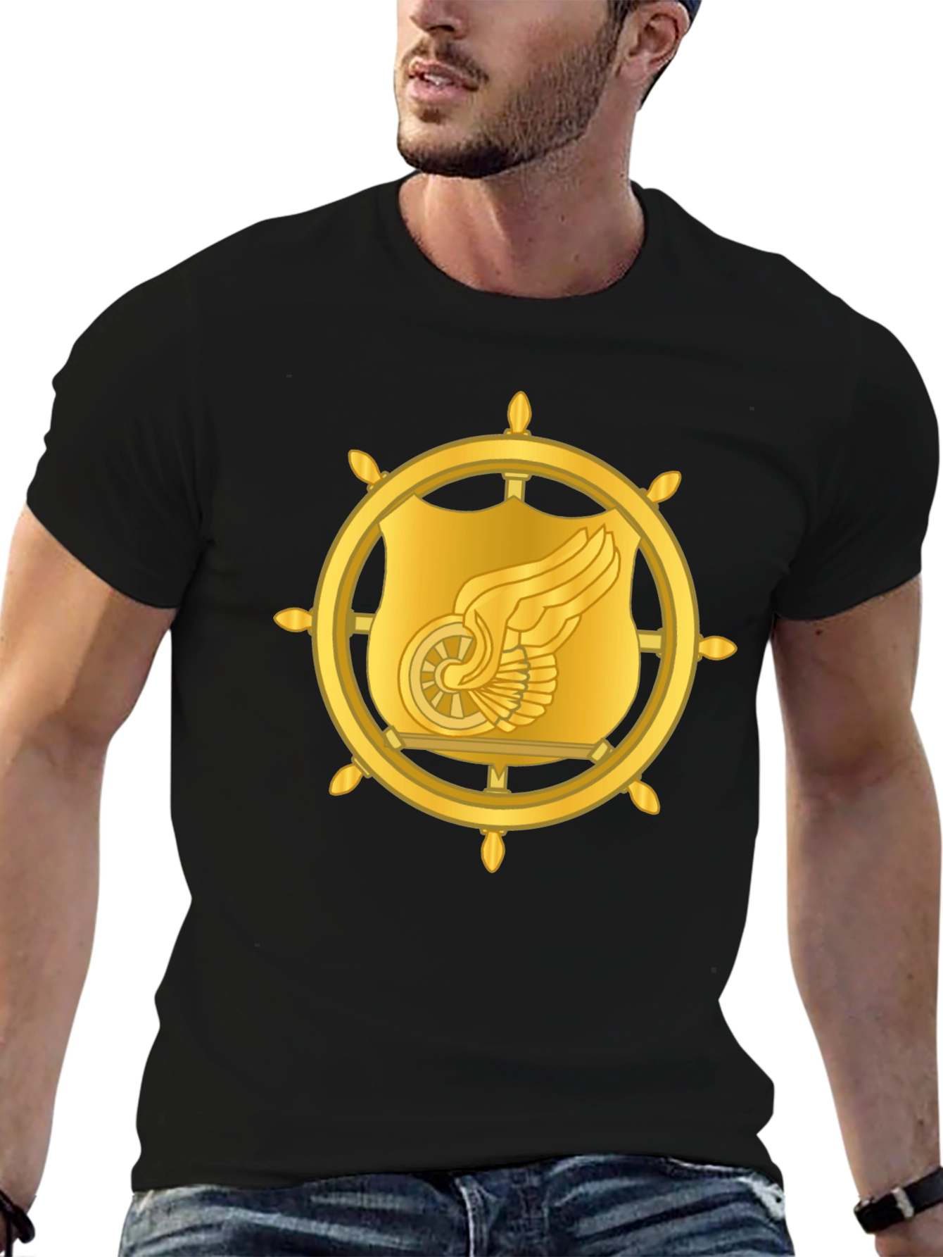 Golden Winged Wheel Graphic Black T-Shirt