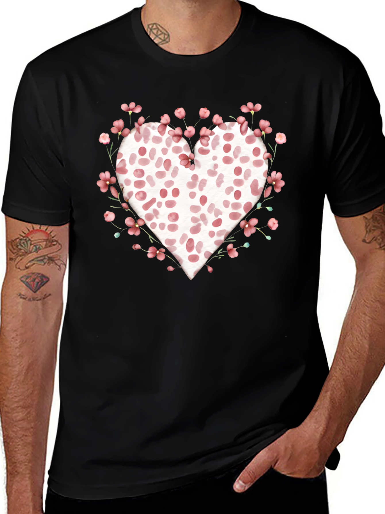 Floral Heart Print Black T-Shirt