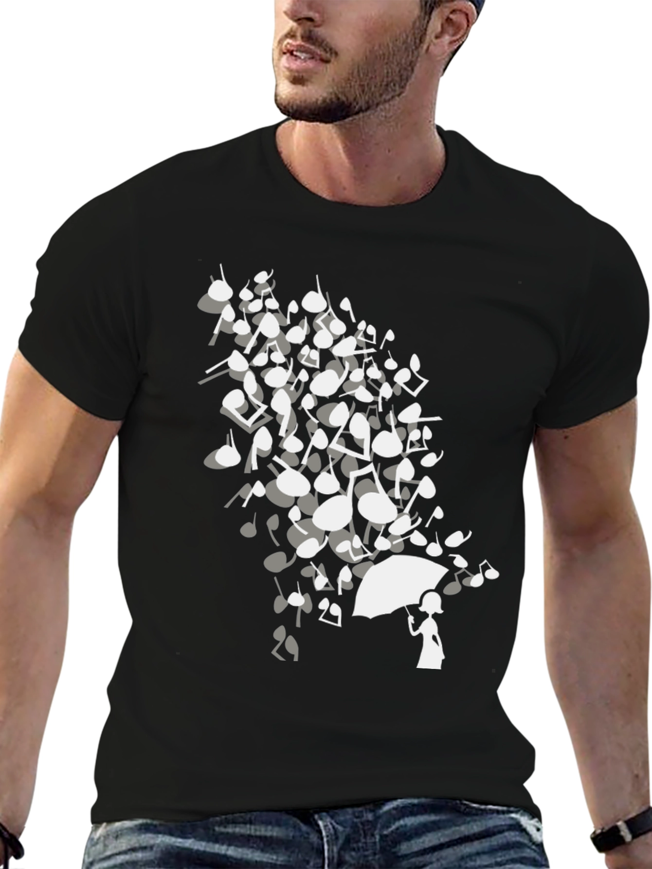 Musical Notes Umbrella Black T-Shirt