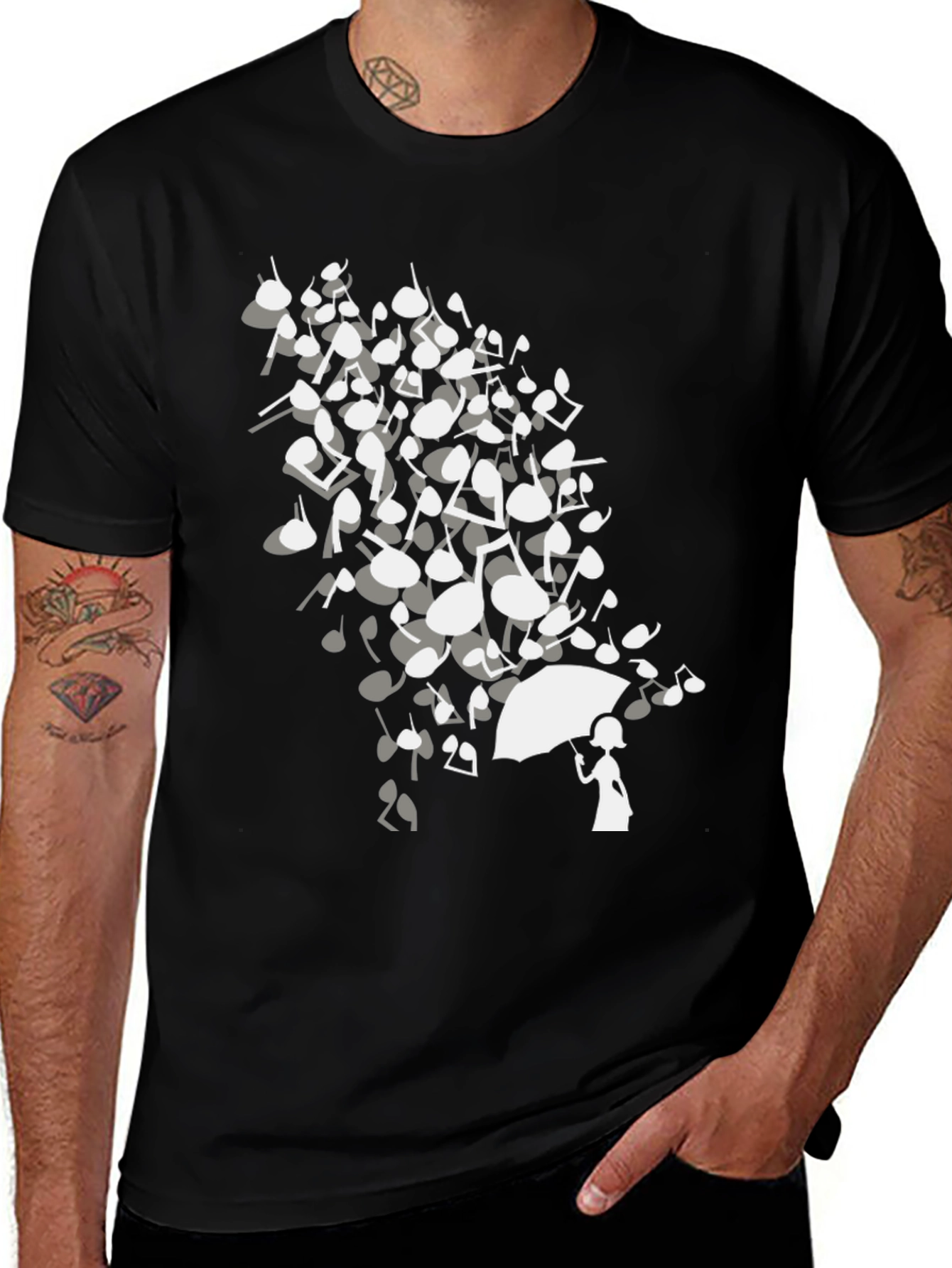 Musical Notes Umbrella Black T-Shirt