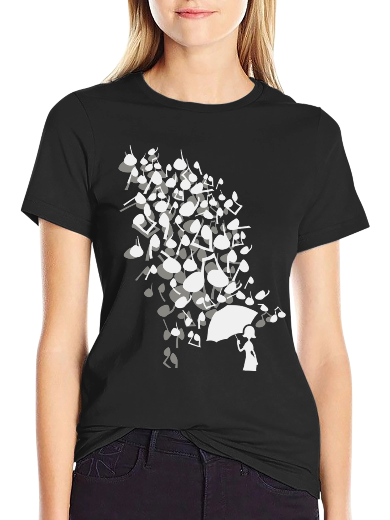 Musical Notes Umbrella Black T-Shirt