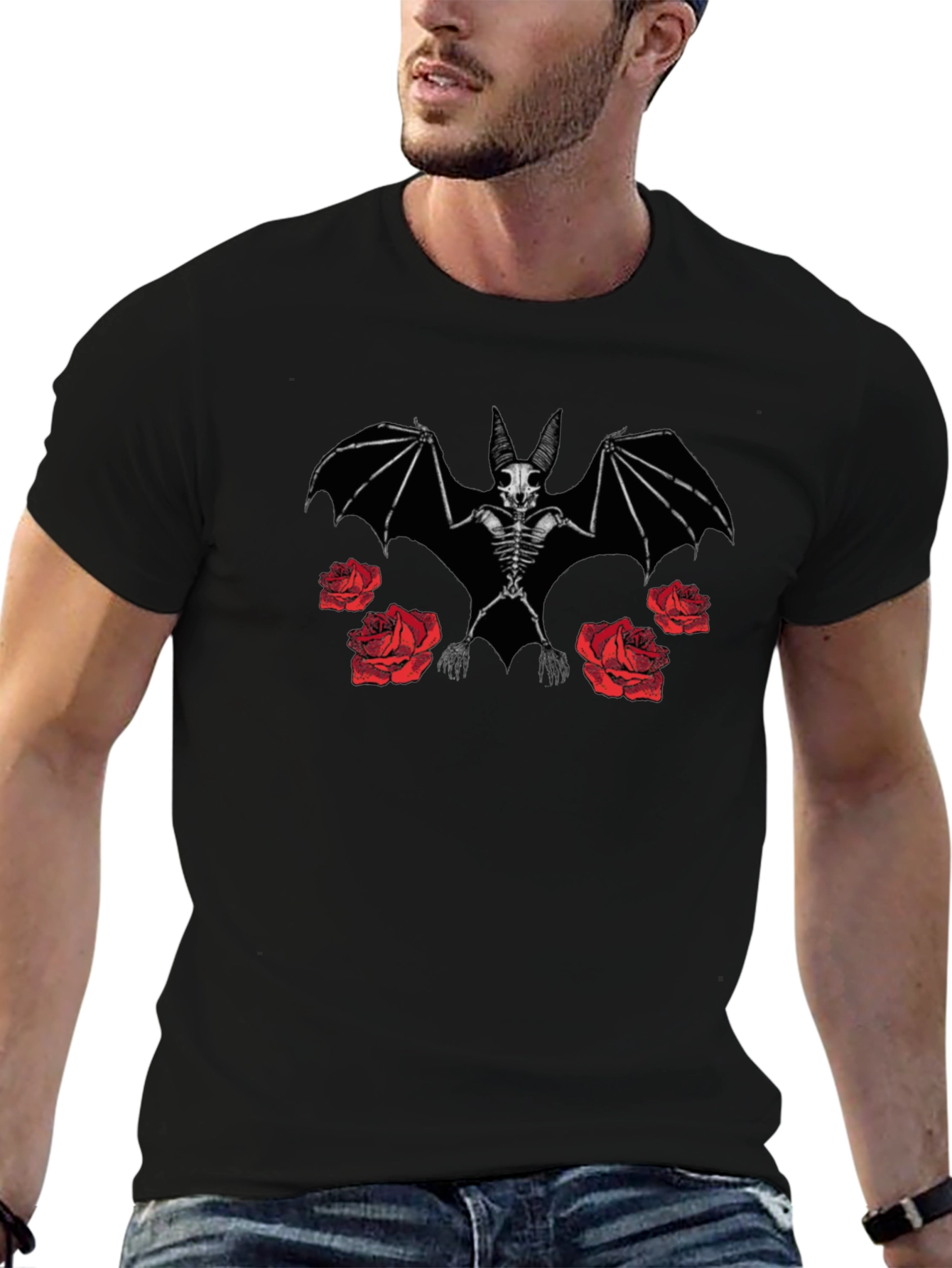 Bat Skeleton and Roses Graphic Print Black T-Shirt