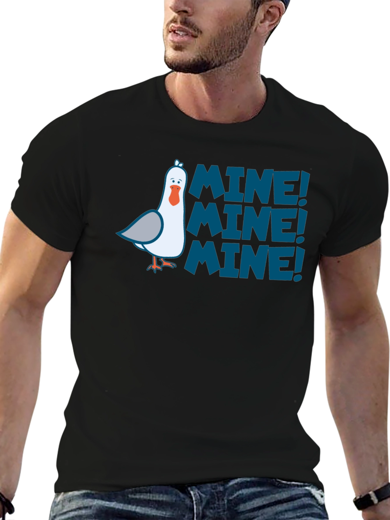 Mine! Graphic Print T-Shirt - Black Funny Seagull Design
