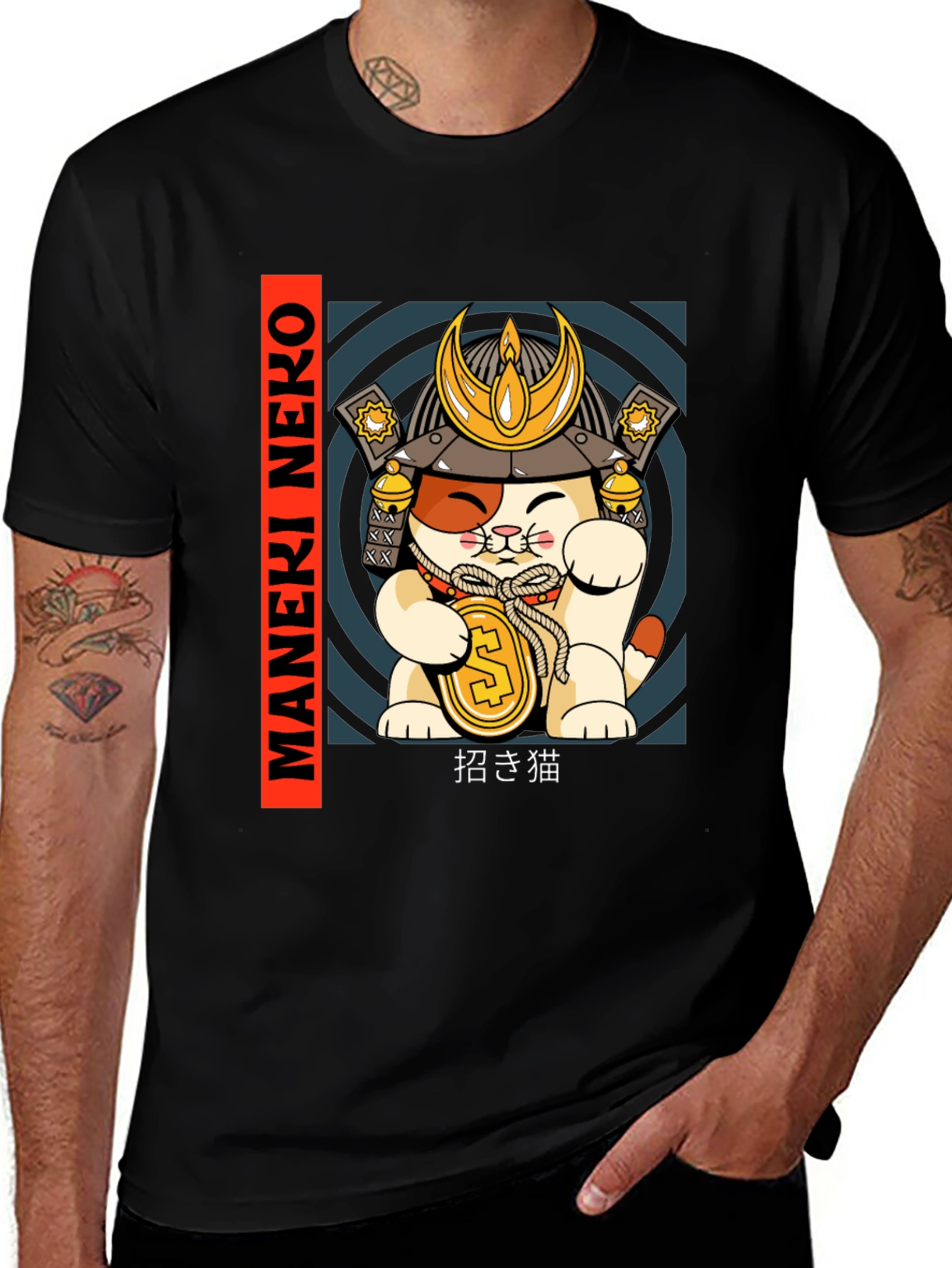 Maneki Neko Samurai Cat T-Shirt - Lucky Cat Tee