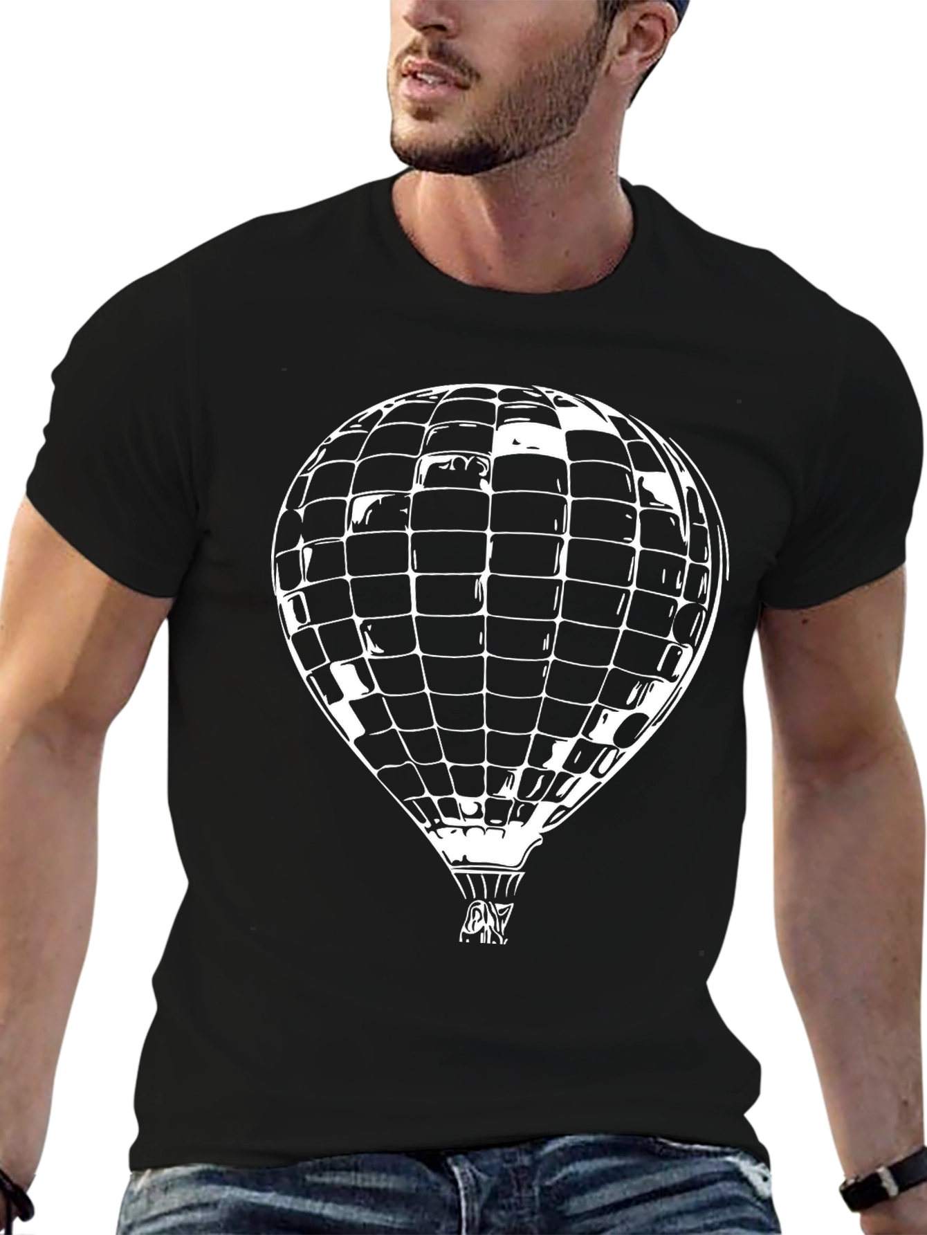Black Graphic Tee with Hot Air Balloon Design