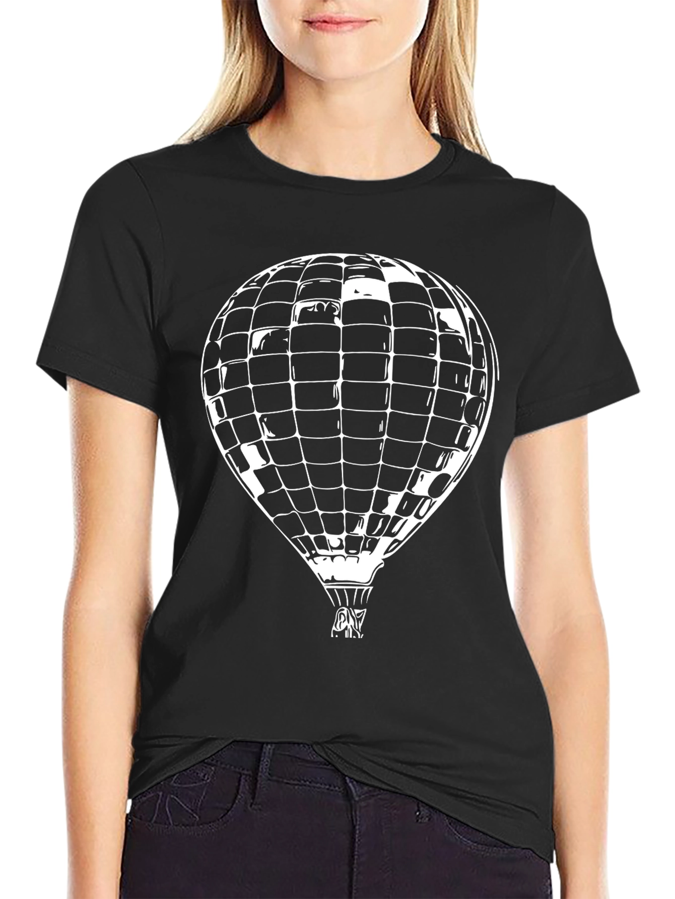 Black Graphic Tee with Hot Air Balloon Design