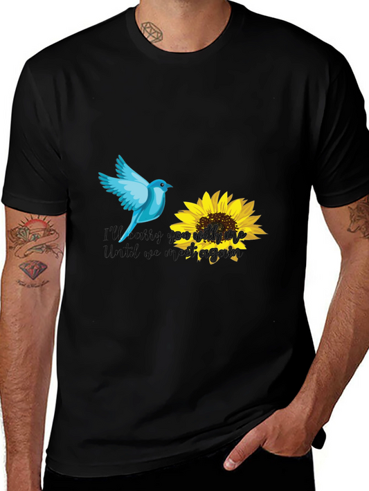 Blue Bird & Sunflower Graphic Black T-Shirt