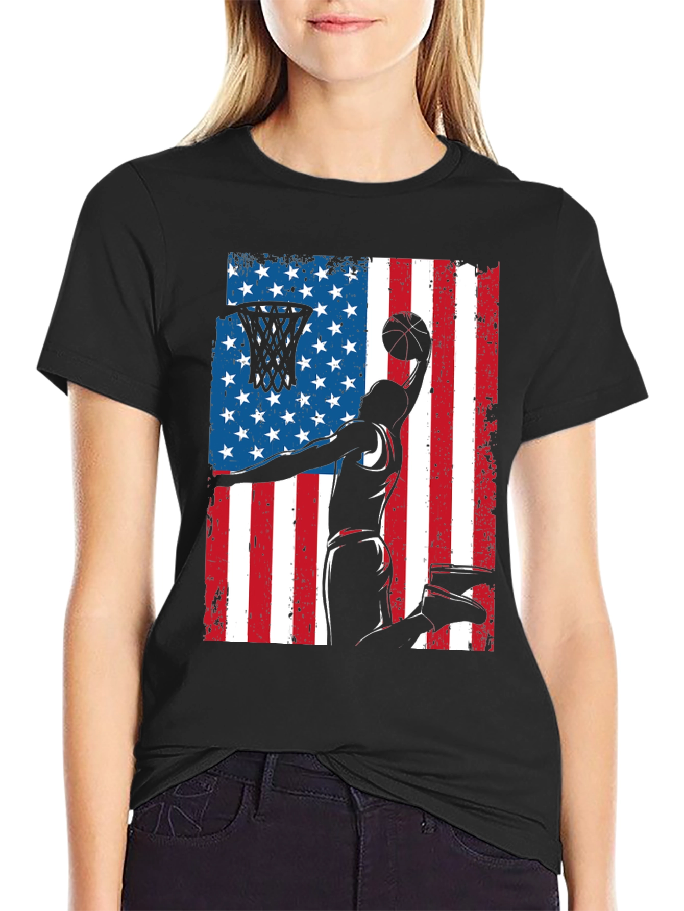 Patriotic Basketball Graphic Tee - USA Flag Dunk