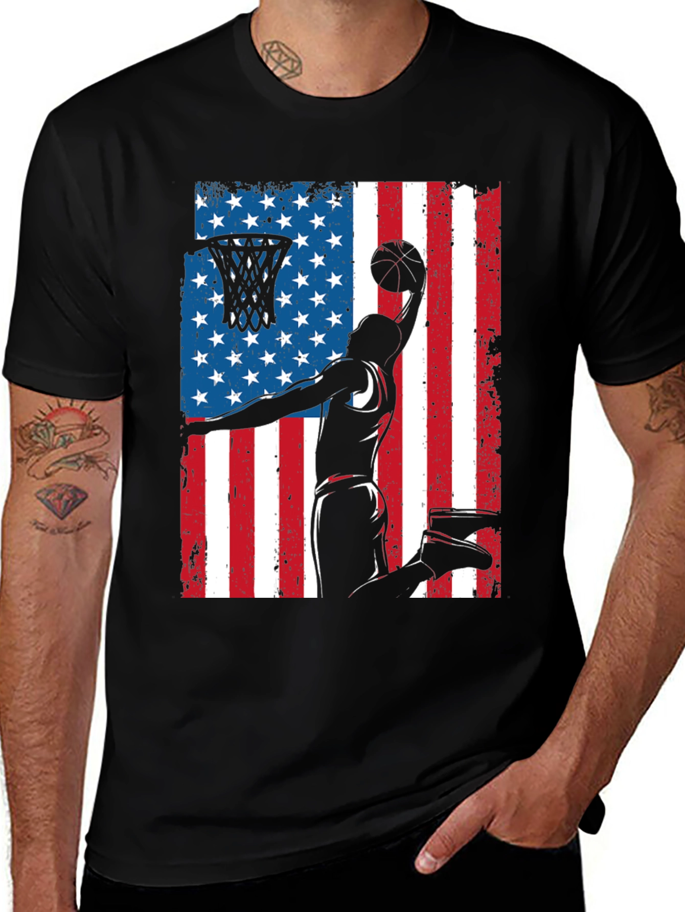 Patriotic Basketball Graphic Tee - USA Flag Dunk