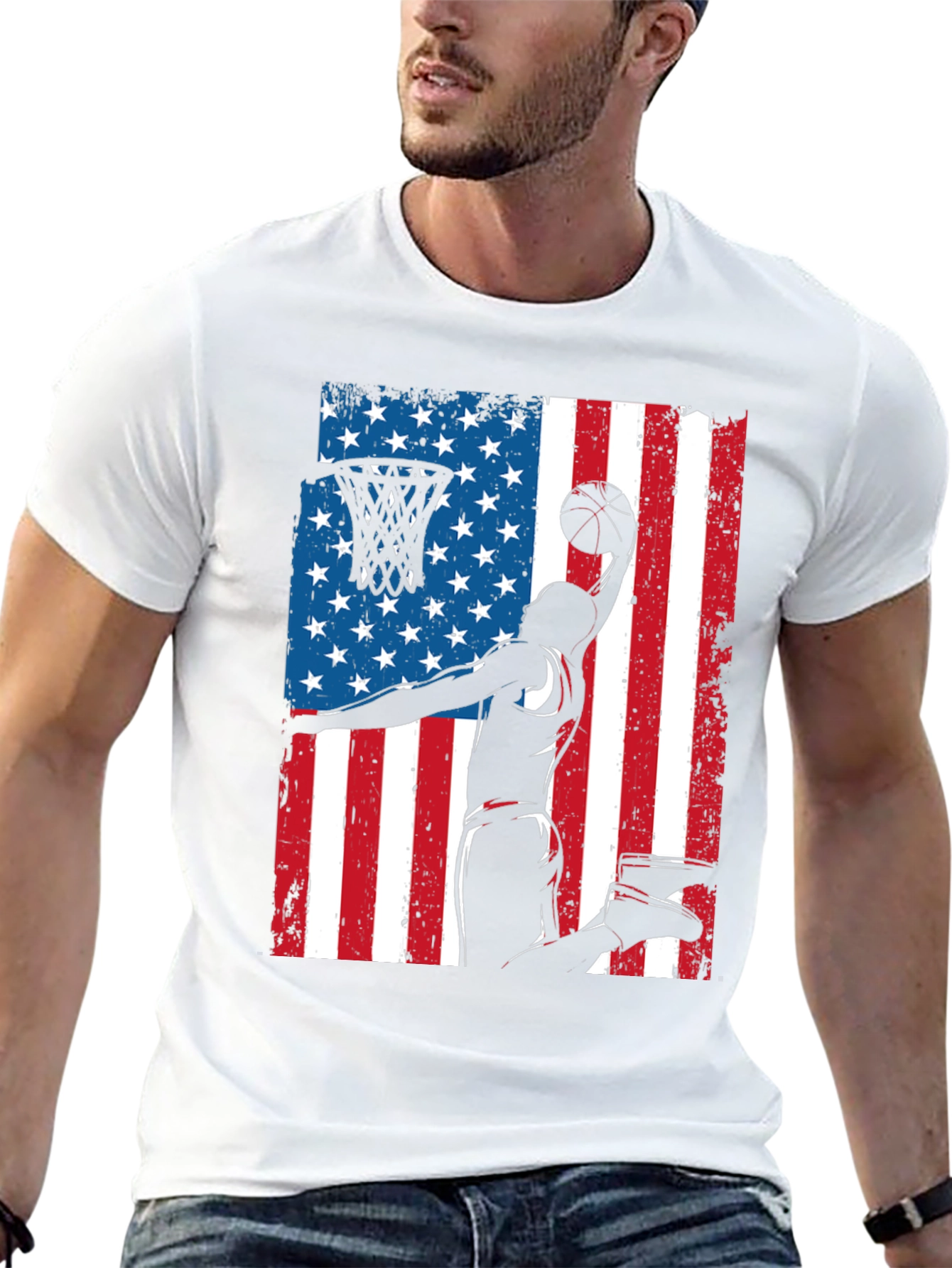 Patriotic Basketball Graphic Tee - USA Flag Dunk